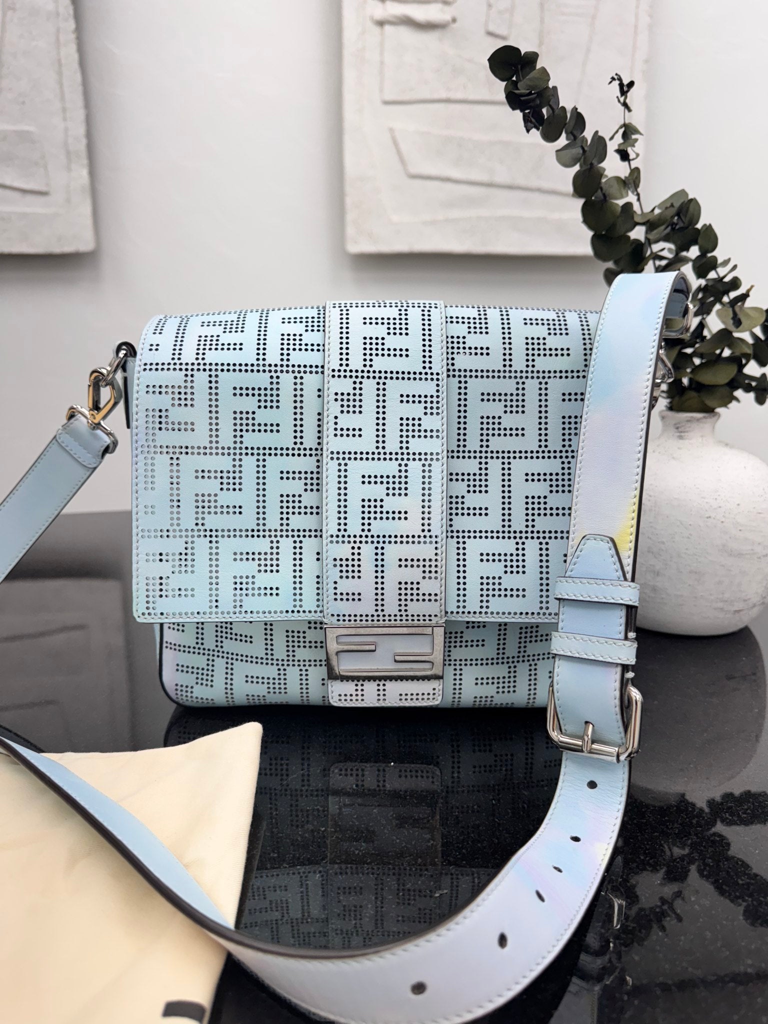 Fendi Baby Blue Tie Dye Perforated Zucca Leather Baguette Medium Messenger Bag