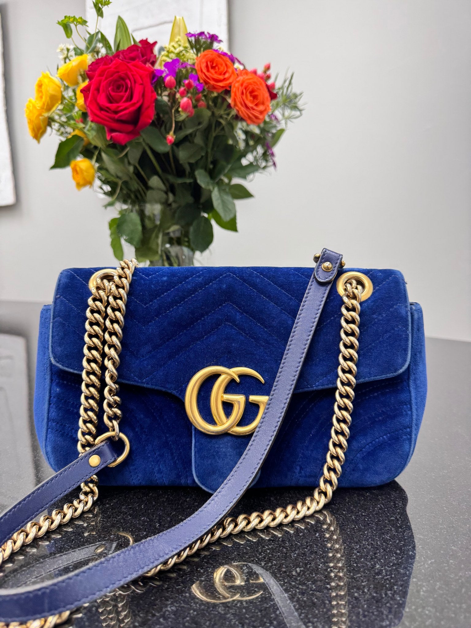 Gucci Blue Chevron Quilted Velvet GG Marmont Shoulder Bag