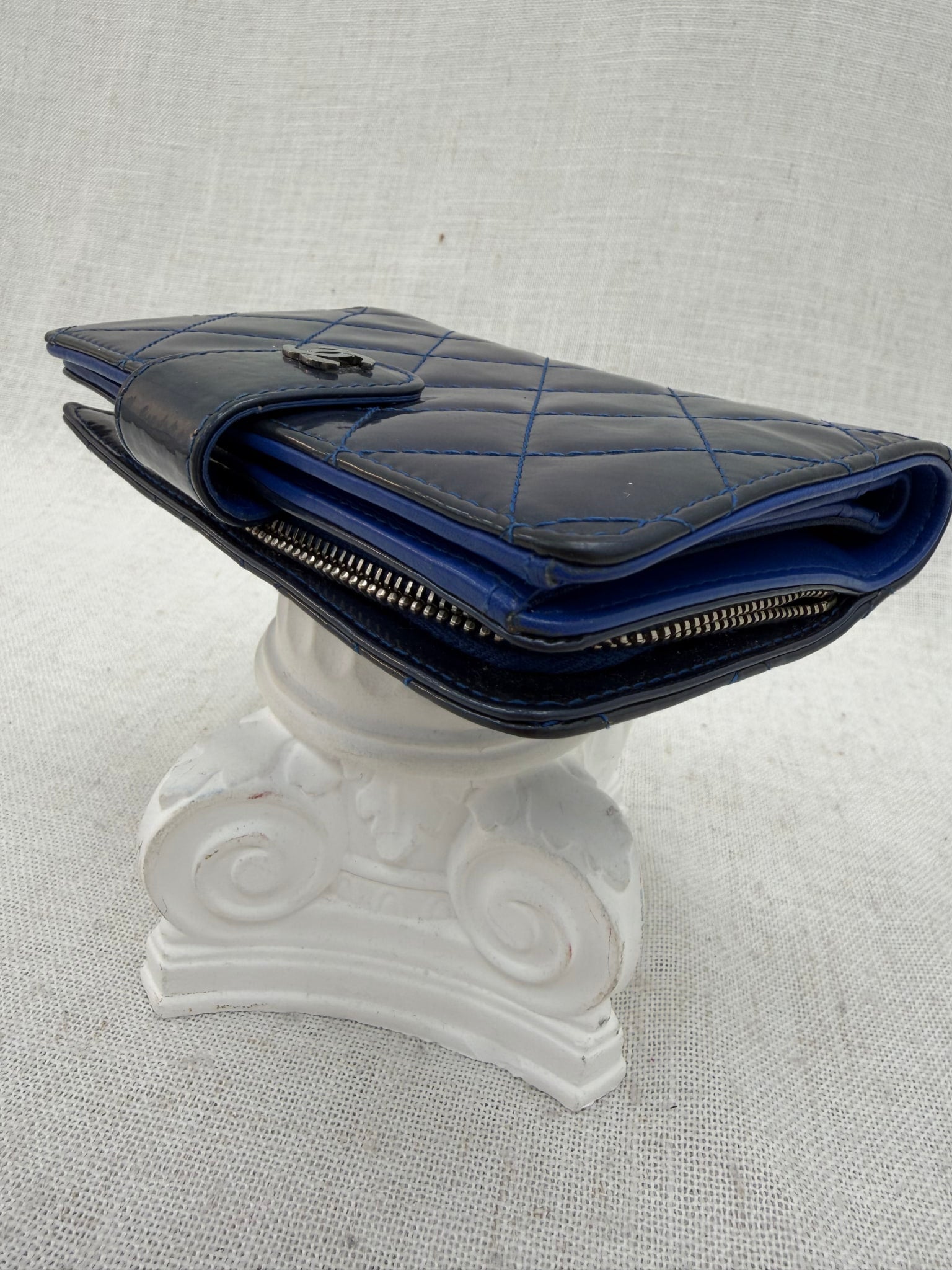 Chanel Blue Quilted Patent Leather Compact Wallet