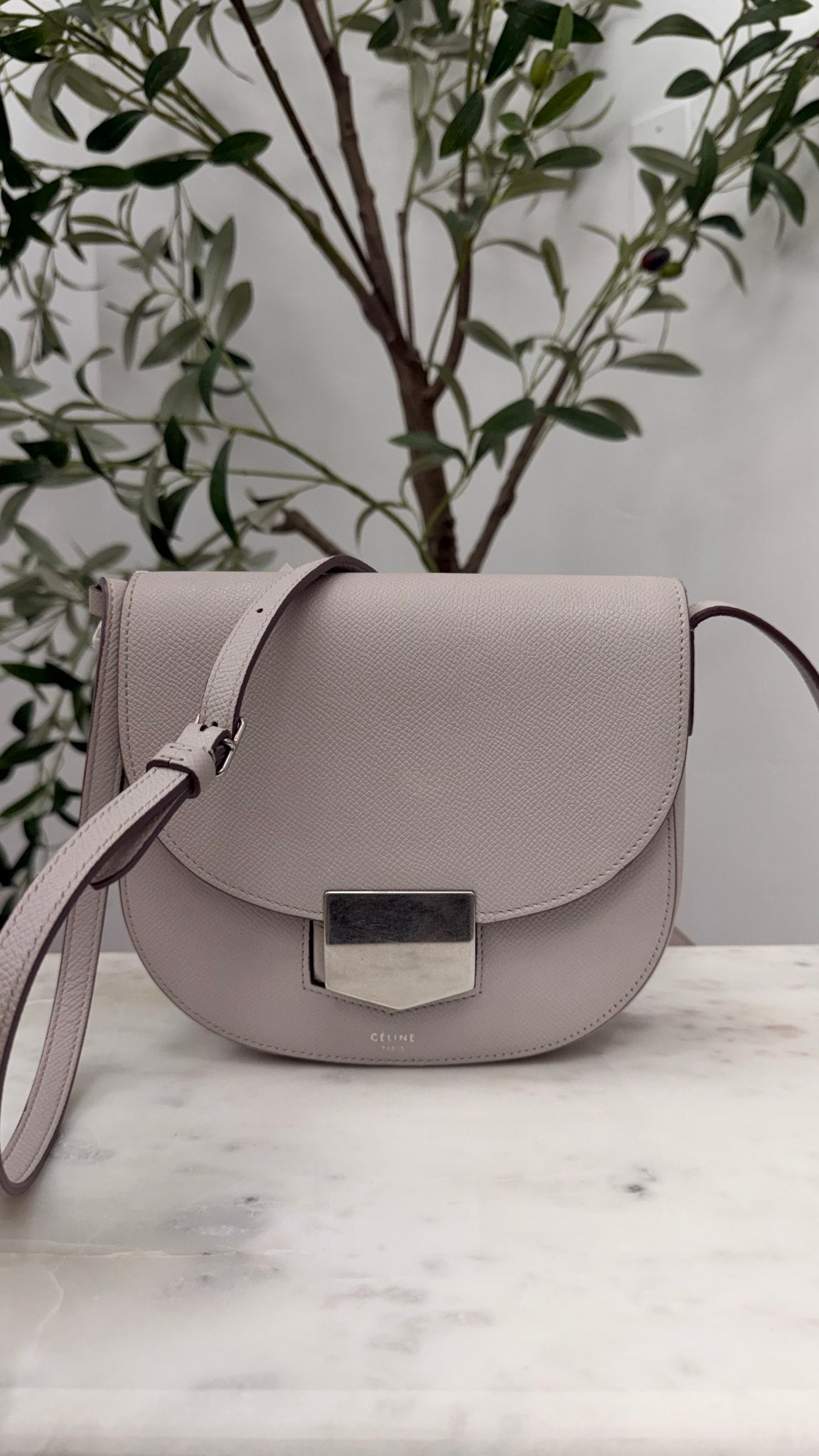 Celine Light Grey Grained Calfskin Leather Trotteur Crossbody