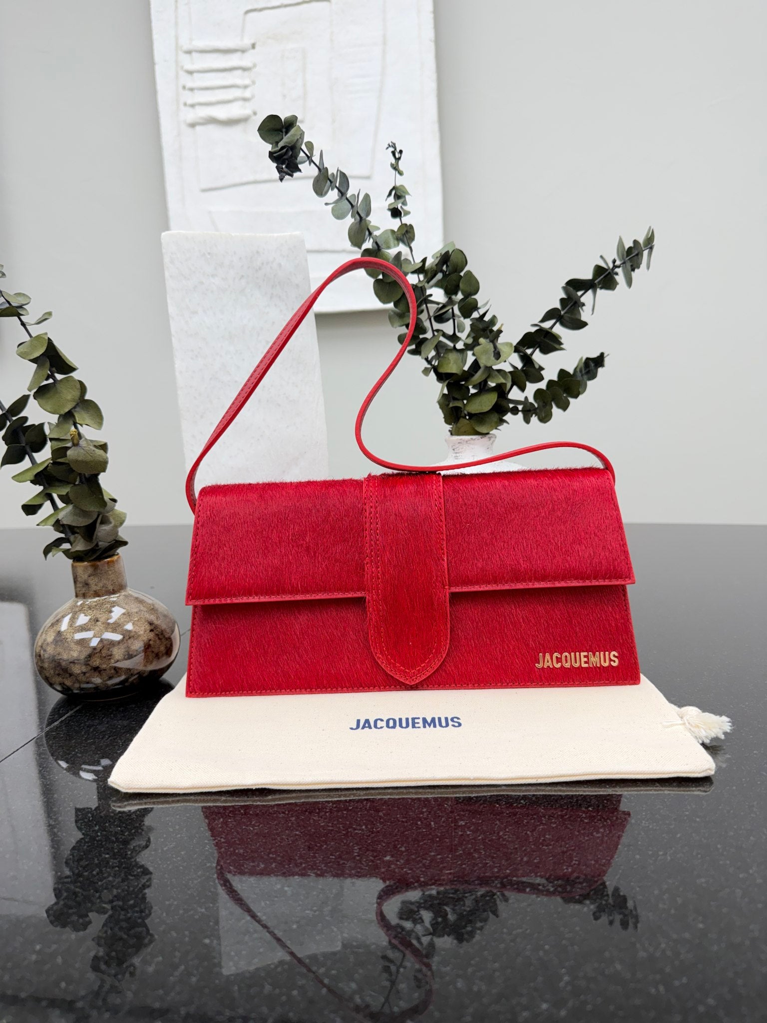 BRAND NEW - Jacquemus Red Pony Hair Le Bambino Long Shoulder Bag
