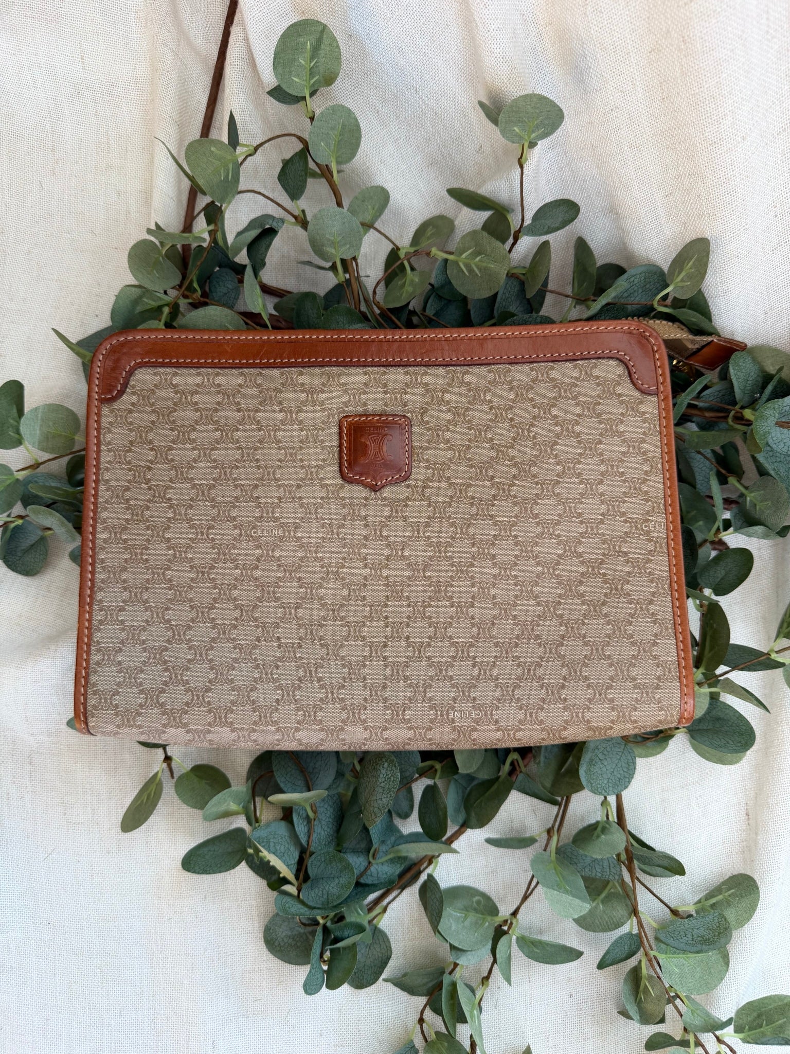 Celine Beige Coated Canvas Macadam Clutch Travel Bag