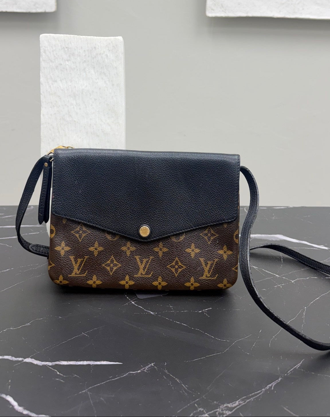 Louis Vuitton Monogram Black Leather Twice Pochette Crossbody Bag 