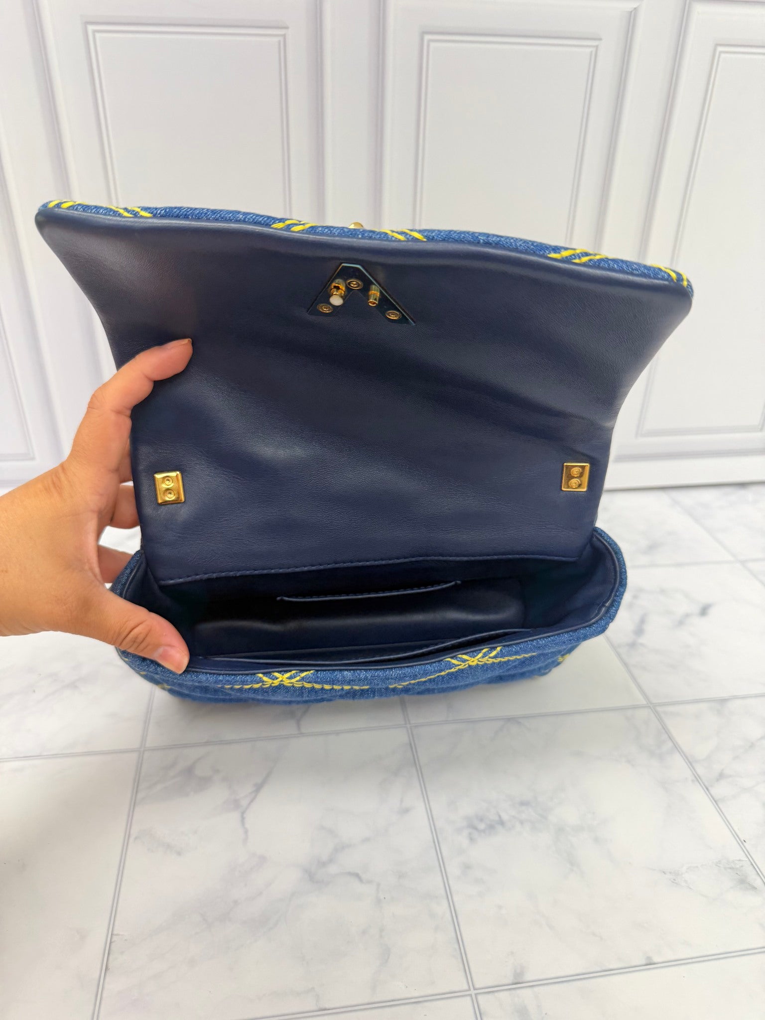 Louis Vuitton Blue Denim Yellow Stitching GO-14 PM Malletage Chain Shoulder Bag 