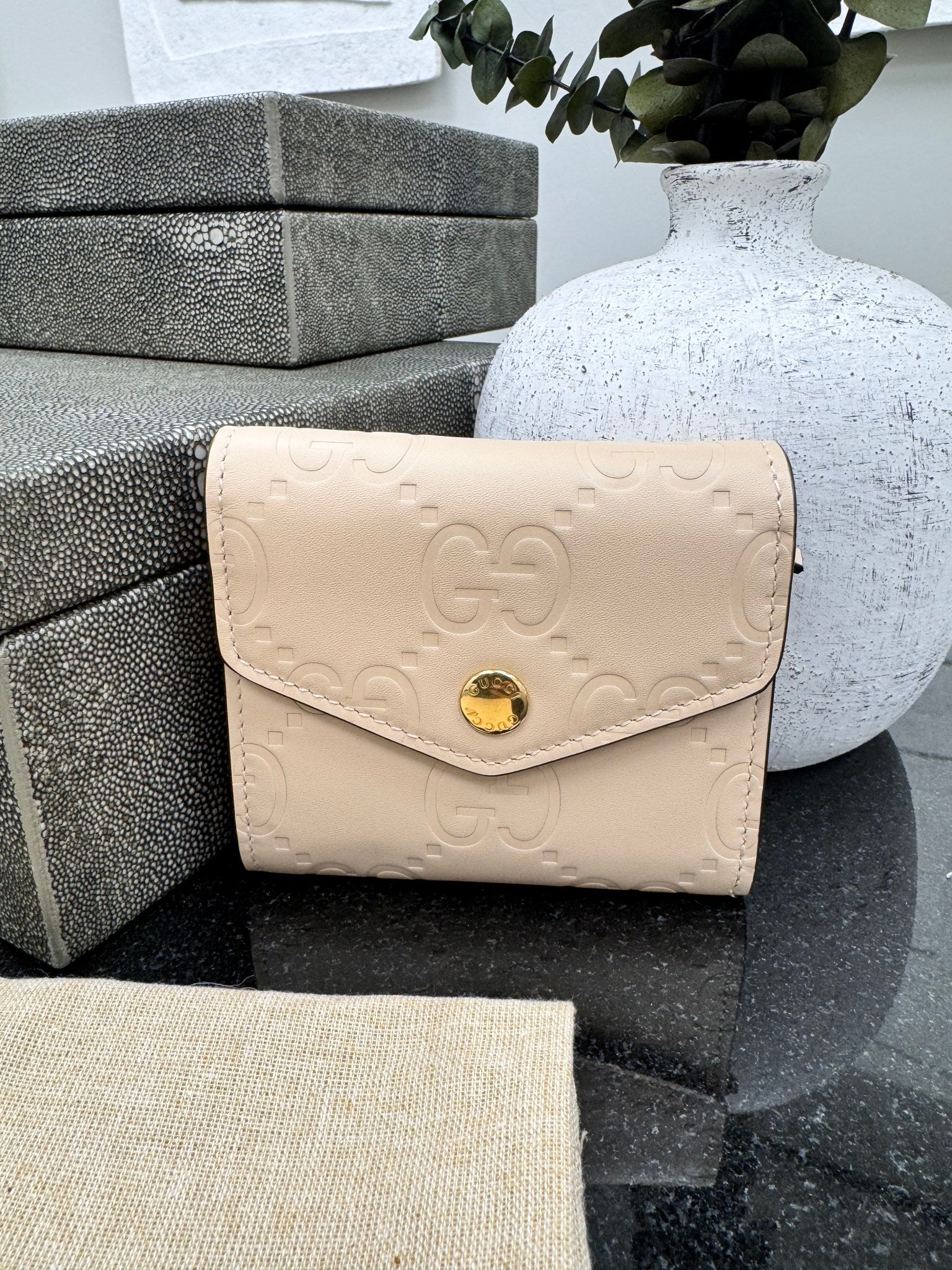 LIKE NEW - Gucci Beige GG Embossed Leather Gilbert Trifold Compact Wallet