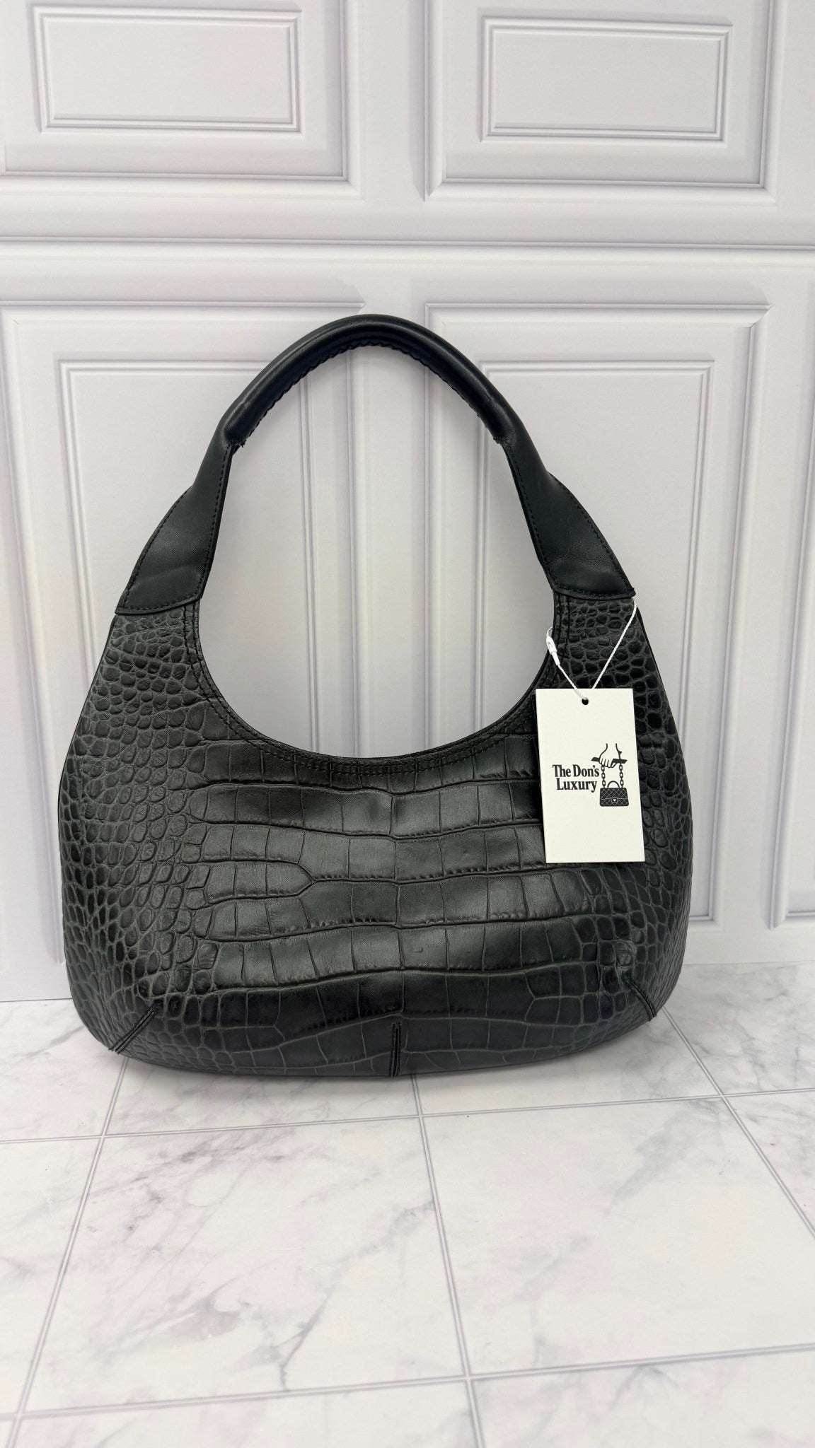 Salvatore Ferragamo Black Croc Embossed Shoulder Bag 