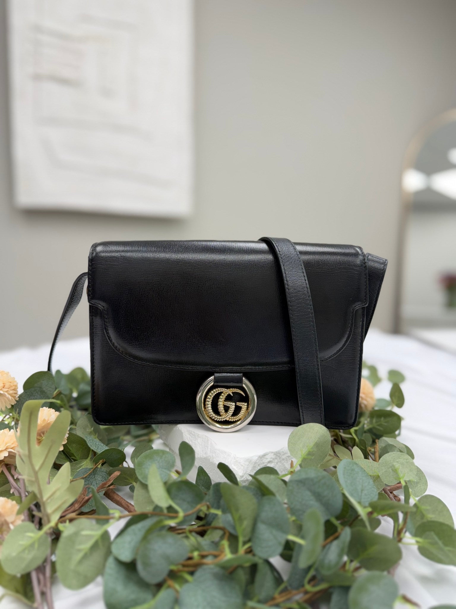Gucci Black Leather GG Ring Shoulder Bag 