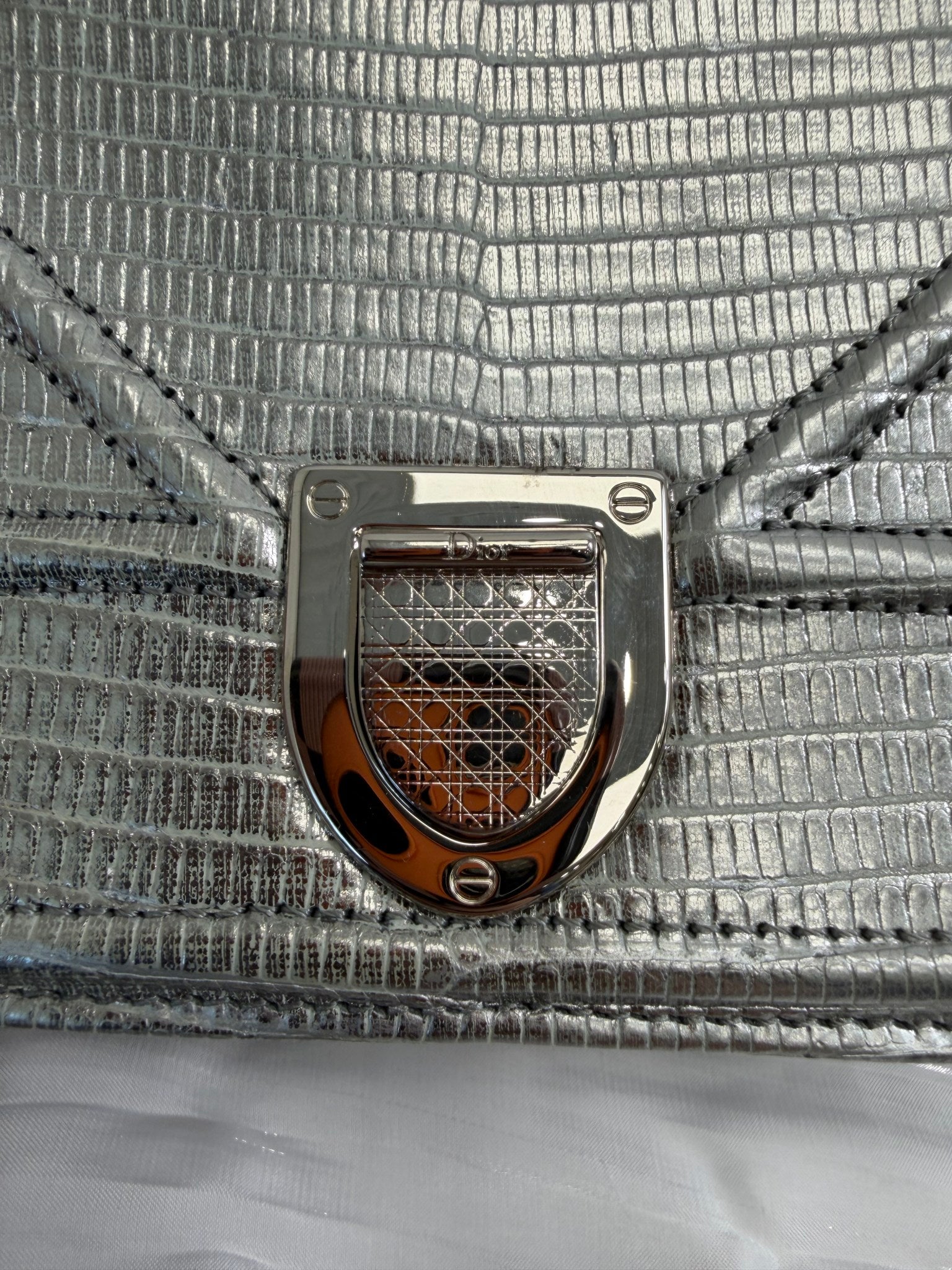 Christian Dior Metallic Silver Lizard Embossed Small Diorama Flap Bag