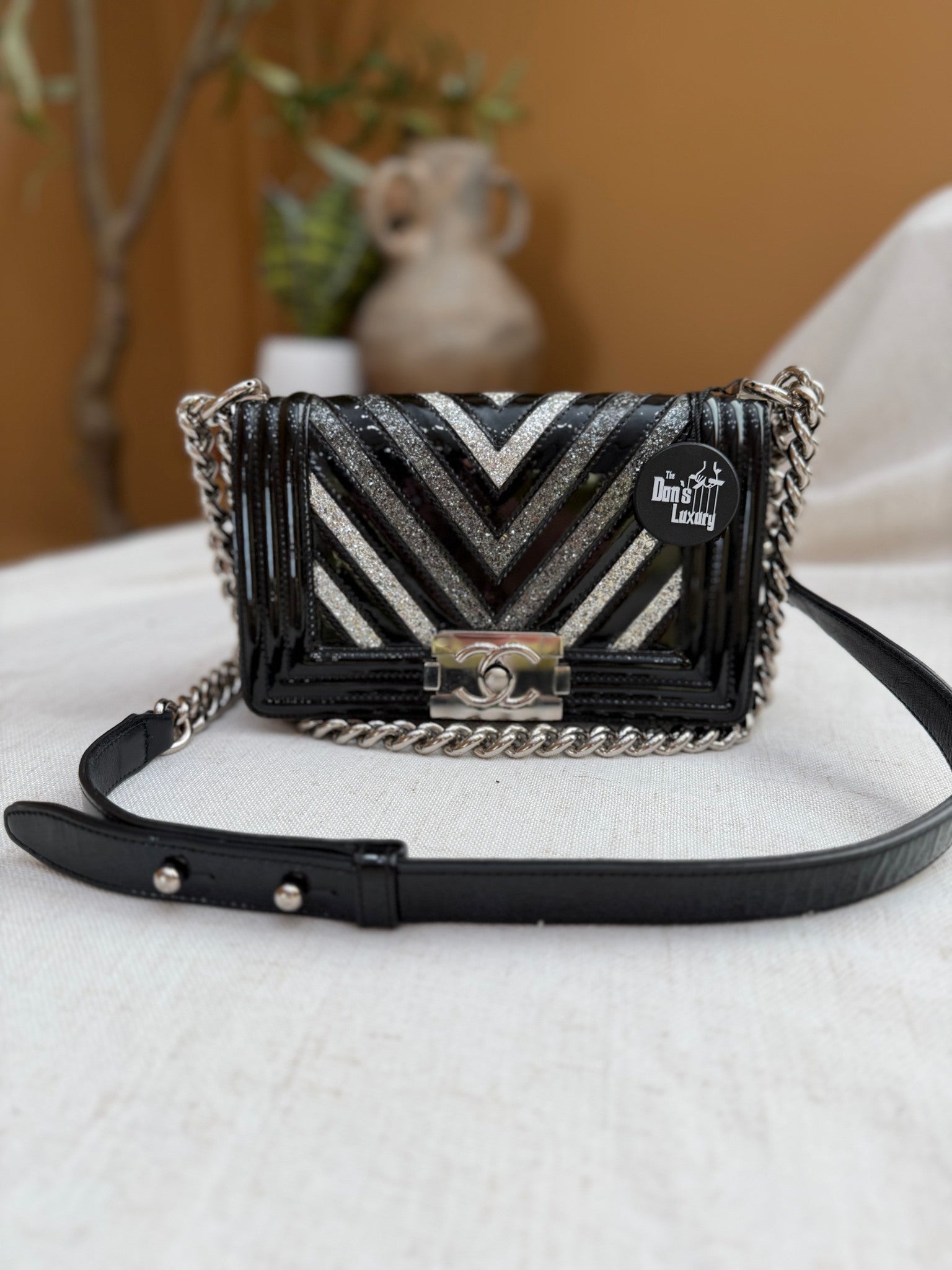 Chanel Black Patent Leather & Silver Glitter PVC Chevron Small Boy Bag