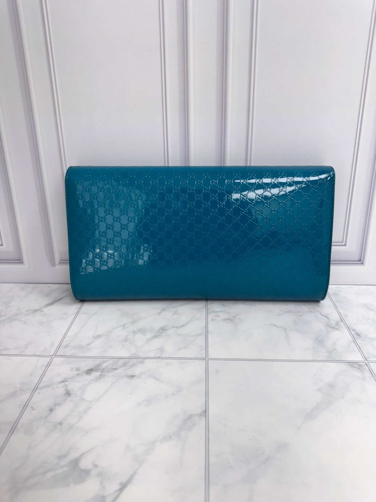 Gucci Turquoise Microguccissima Patent Leather Broadway Clutch Bag