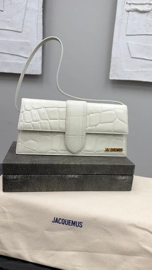 BRAND NEW - Jacquemus White Croc Embossed Leather Le Bambino Long Shoulder Bag
