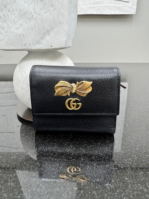 Gucci Black Grained Leather GG Marmont Bow Compact Wallet