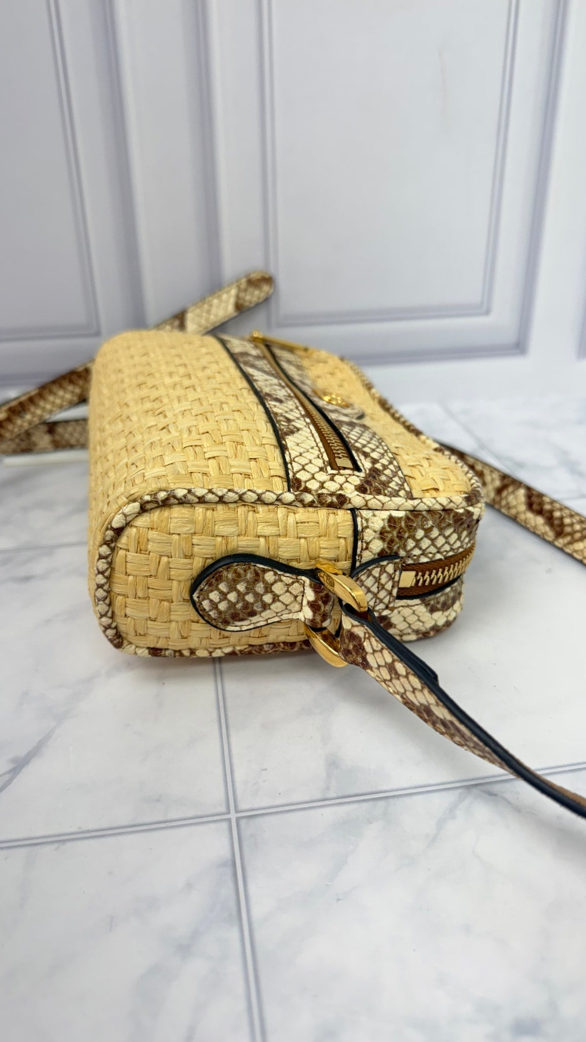 LIKE NEW -  Gucci Natural Raffia Python Leather Ophidia Mini Crossbody Bag 