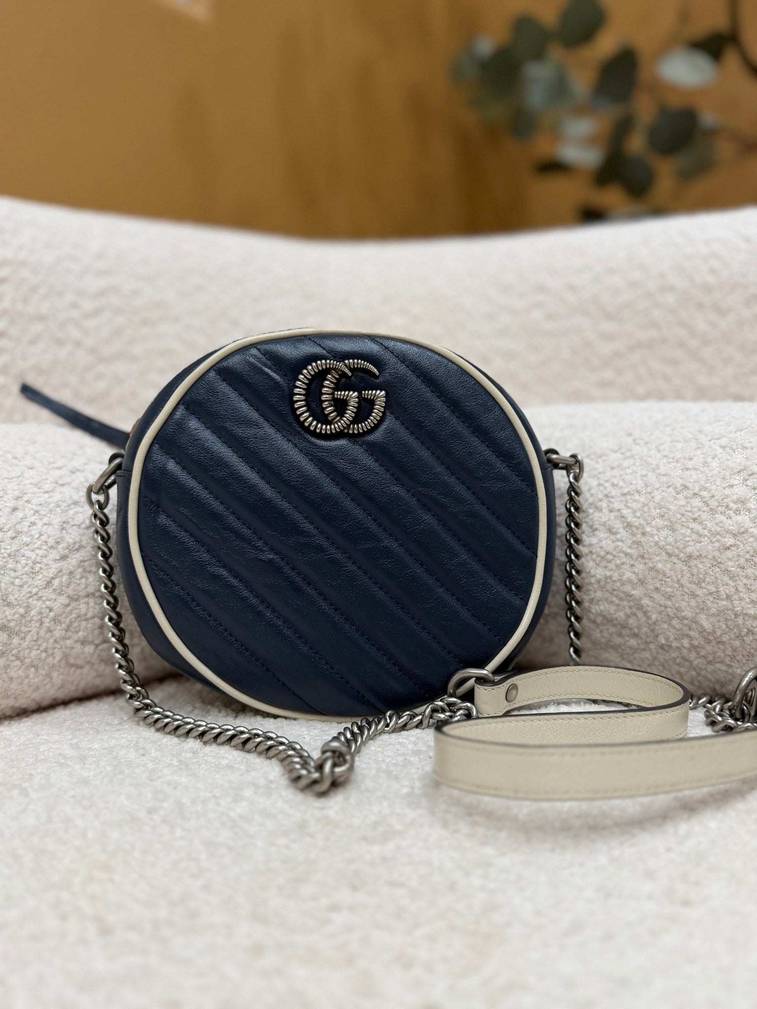 Gucci Navy Leather Marmont Mini Round Crossbody Bag