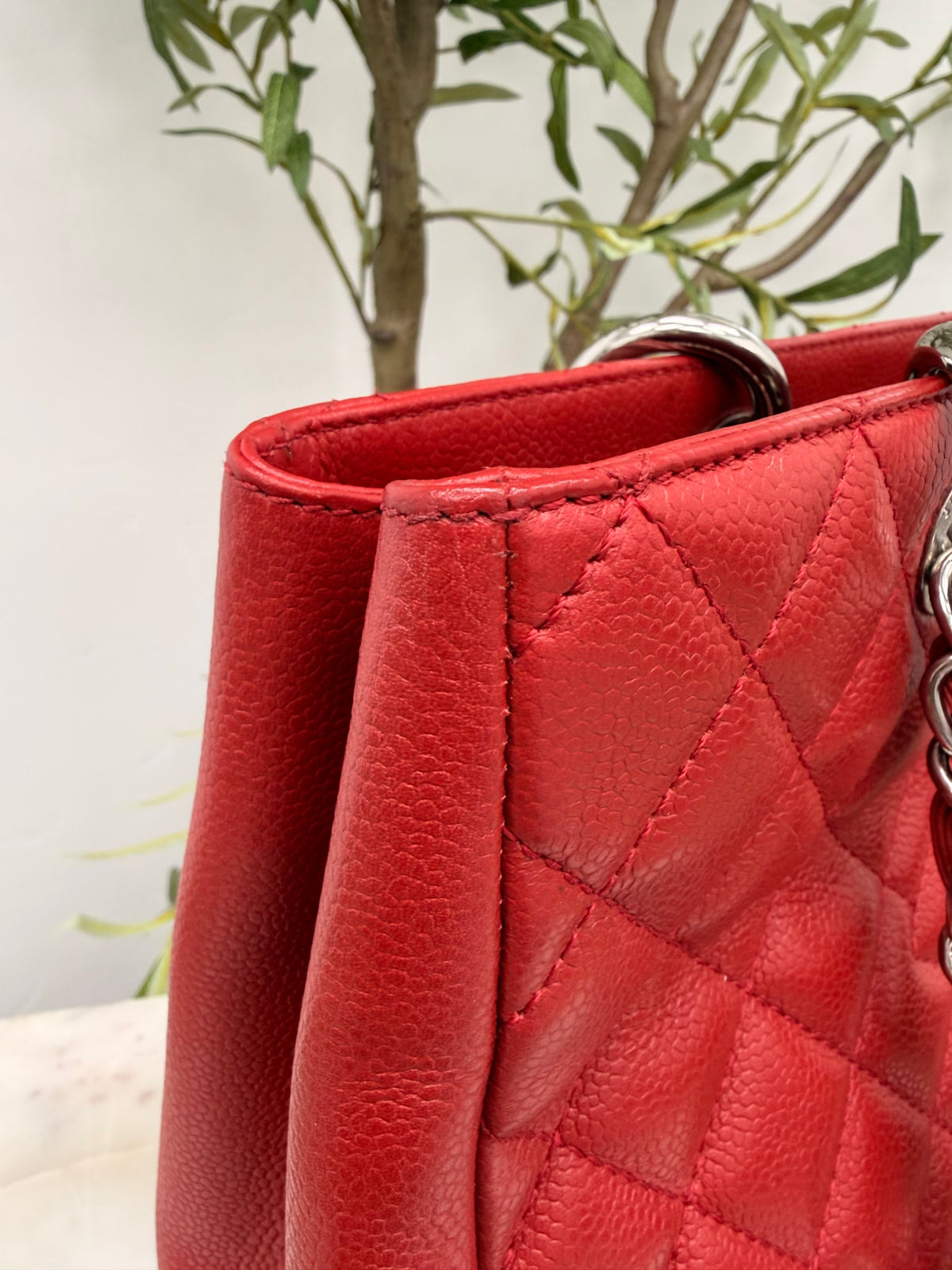 Chanel Red Chevron Quilted Caviar Leather GST Shopping Tote