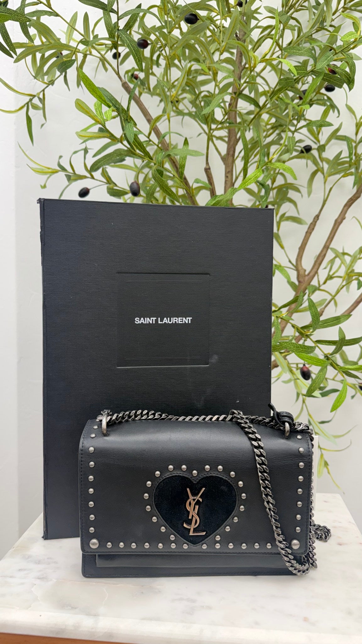 Saint Laurent YSL Black Leather Medium Studded Monogram Heart Sunset Crossbody Bag 