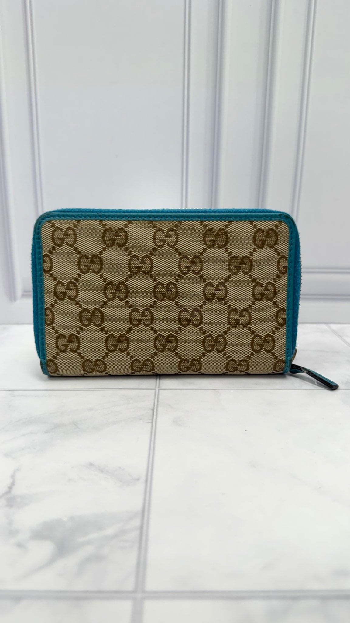 Gucci GG Canvas & Teal Leather Compact Zippy Wallet