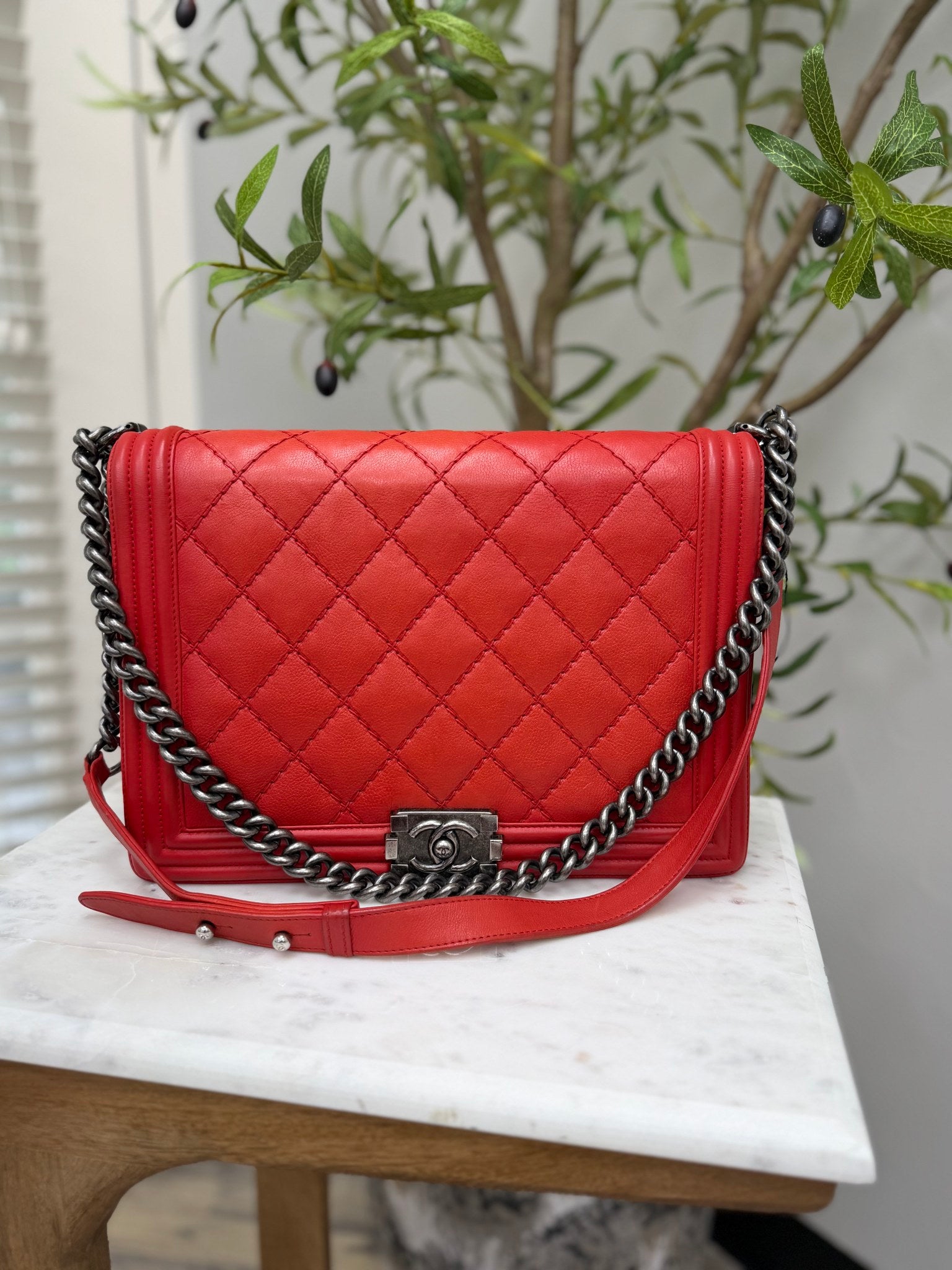 Chanel Red Diamond Stitch Lambskin Large Boy Bag