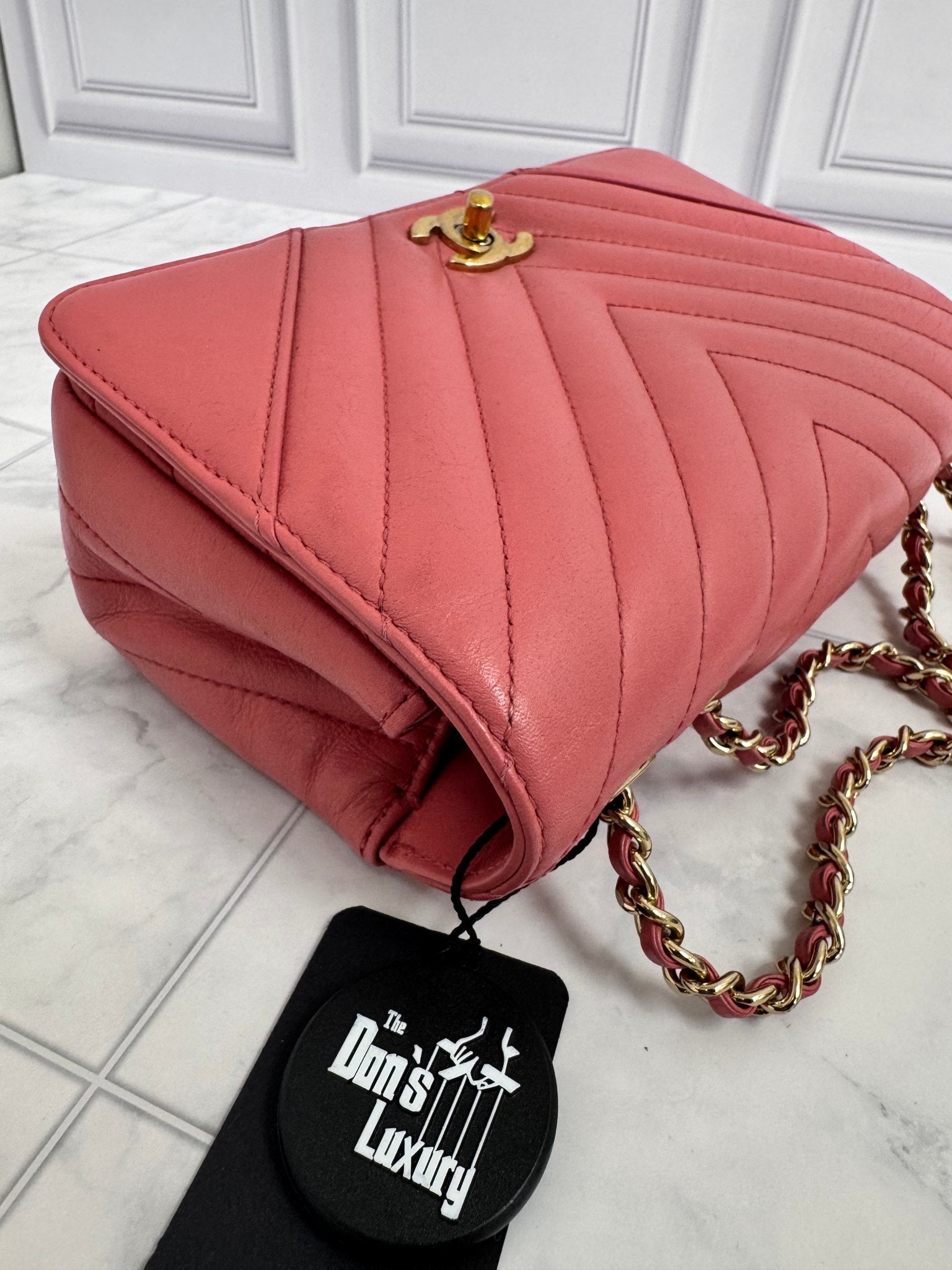 Chanel Pink Chevron Quilted Leather Chain Flap Bag