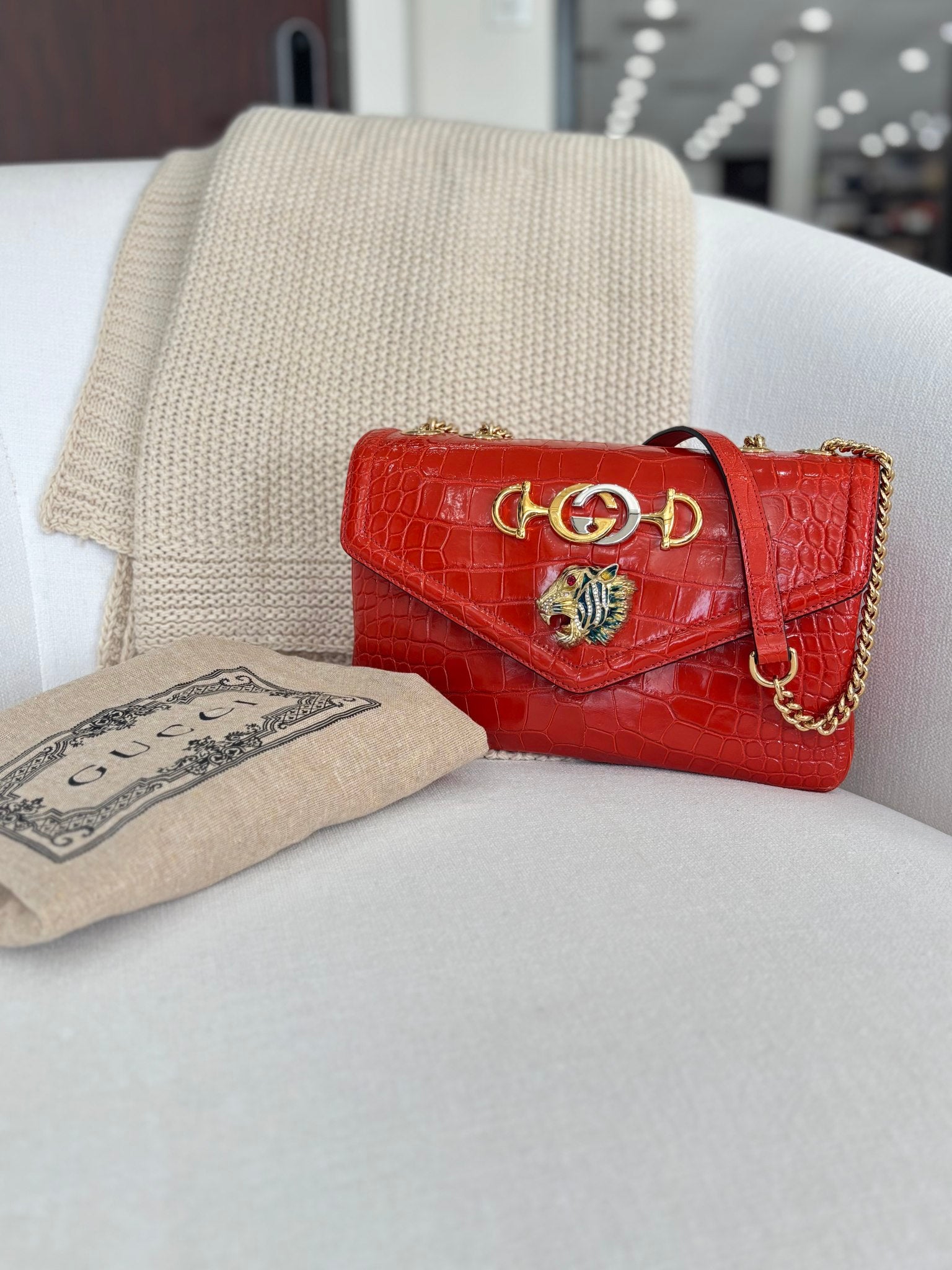 Gucci Orange Crocodile Raja Shoulder Bag