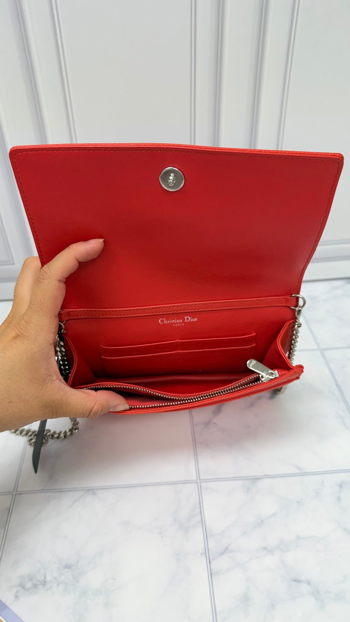 Christian Dior Orange Grained Leather Wallet On A Chain 