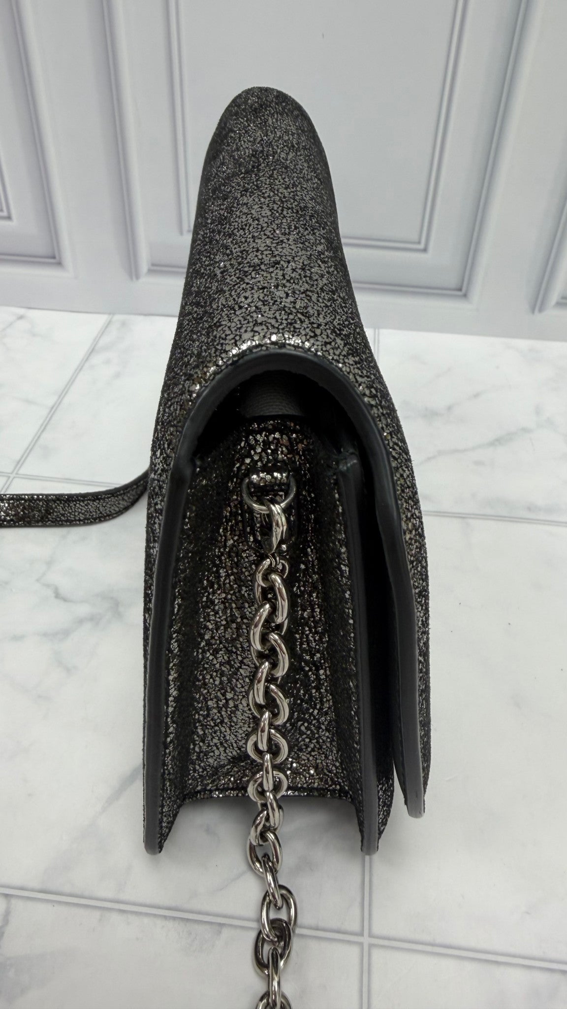 Salvatore Ferragamo Black Crinkled Metallic Leather Clutch Crossbody