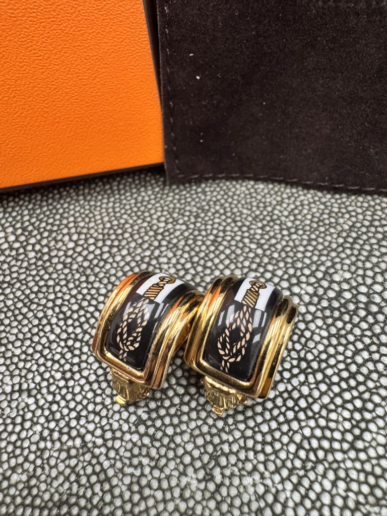 Hermes Gold Tone Enamel Earrings