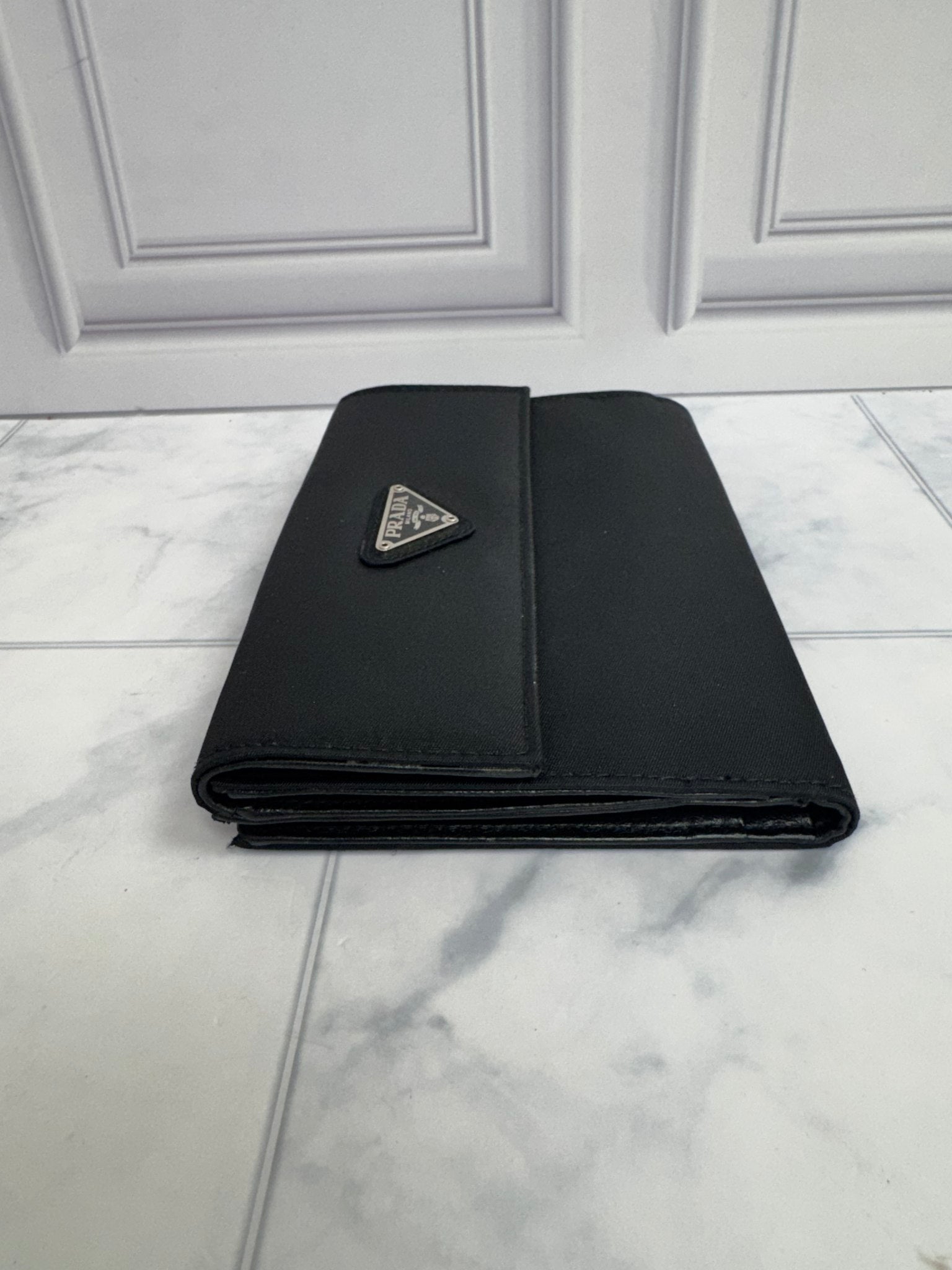 Prada Black Nylon Medium French Envelope Compact Wallet 
