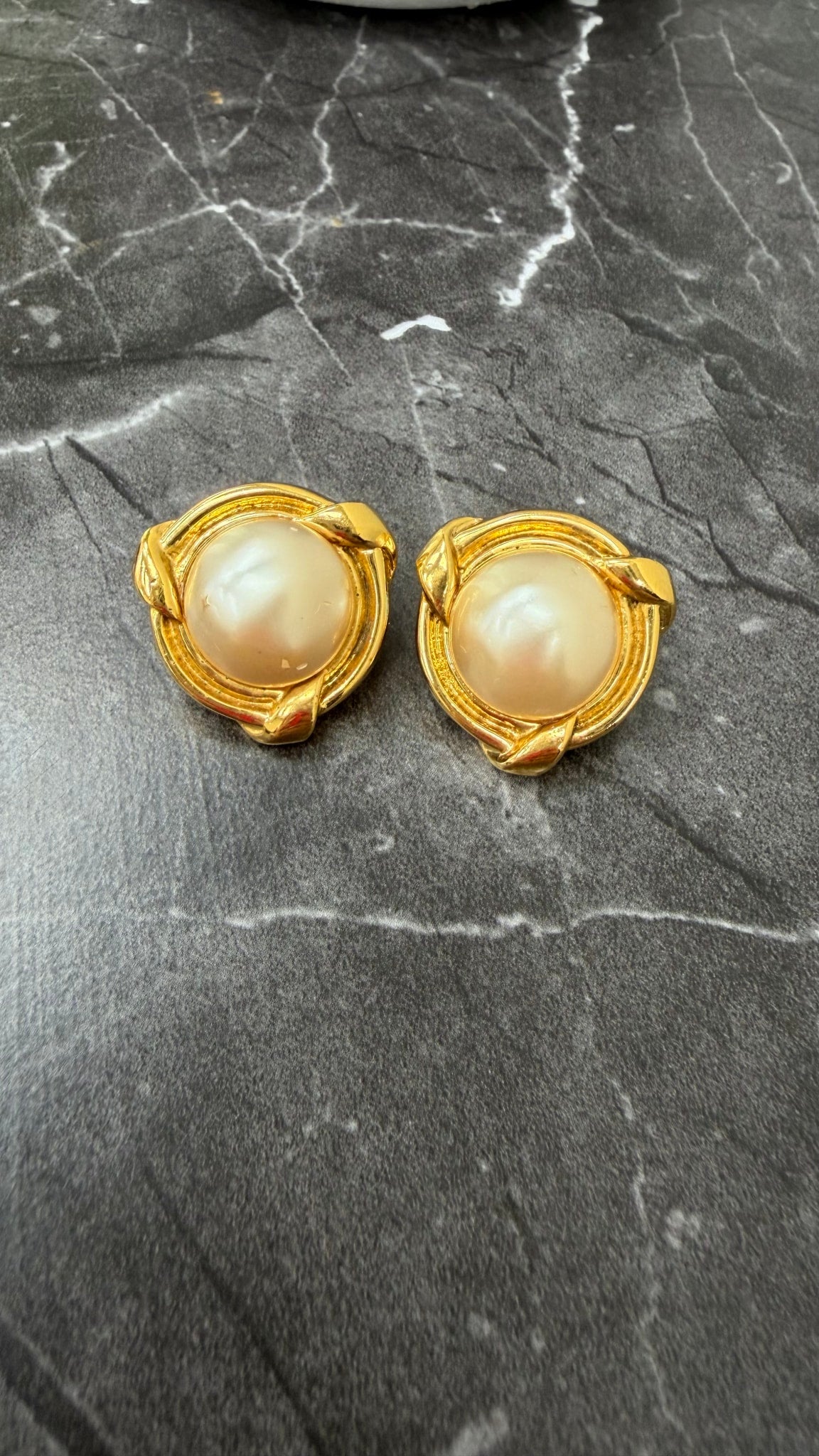 Chanel Vintage Gold Tone & Faux Pearl Rope Clip On Earrings 
