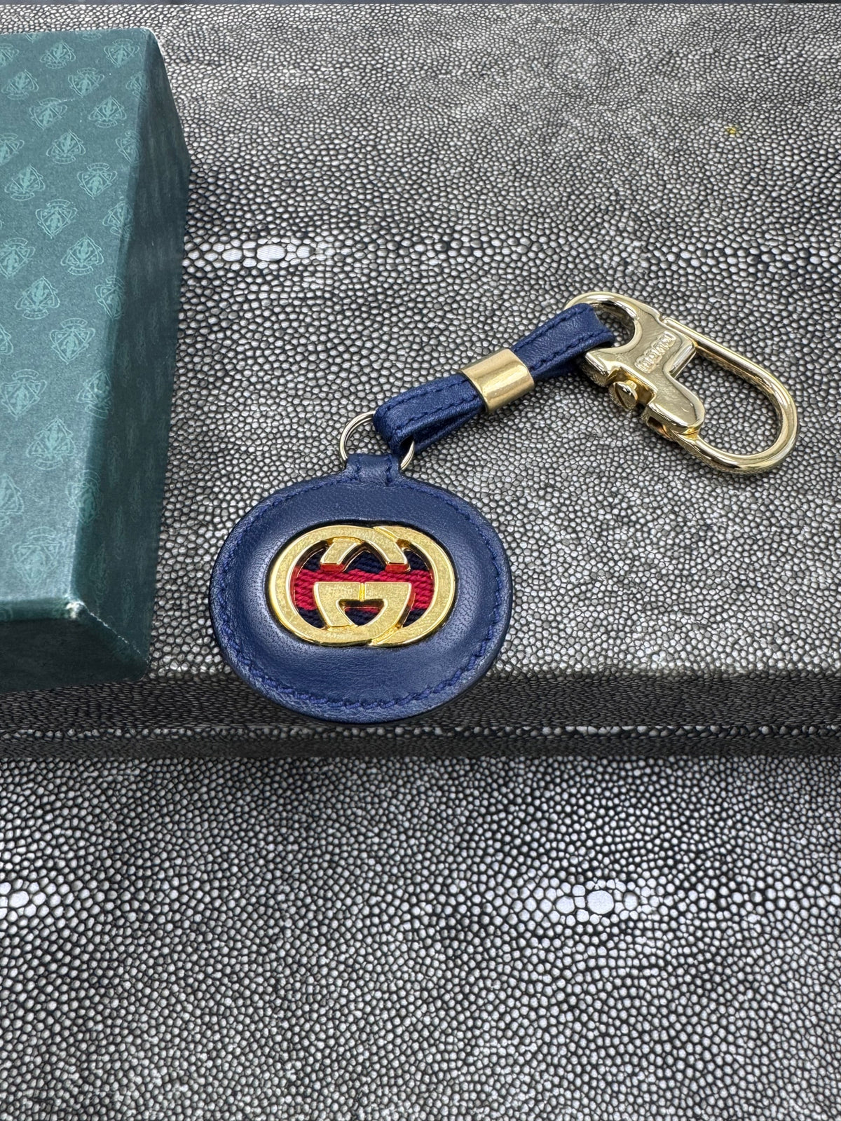 Gucci Navy Blue Leather Interlocking GG Keychain