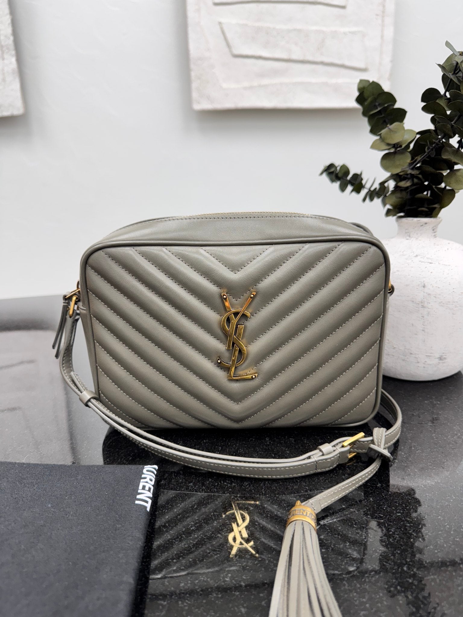 LIKE NEW - Saint Laurent YSL Grey Chevron Quilted Leather Lou Camera Bag