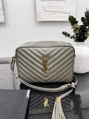 LIKE NEW - Saint Laurent YSL Grey Chevron Quilted Leather Lou Camera Bag