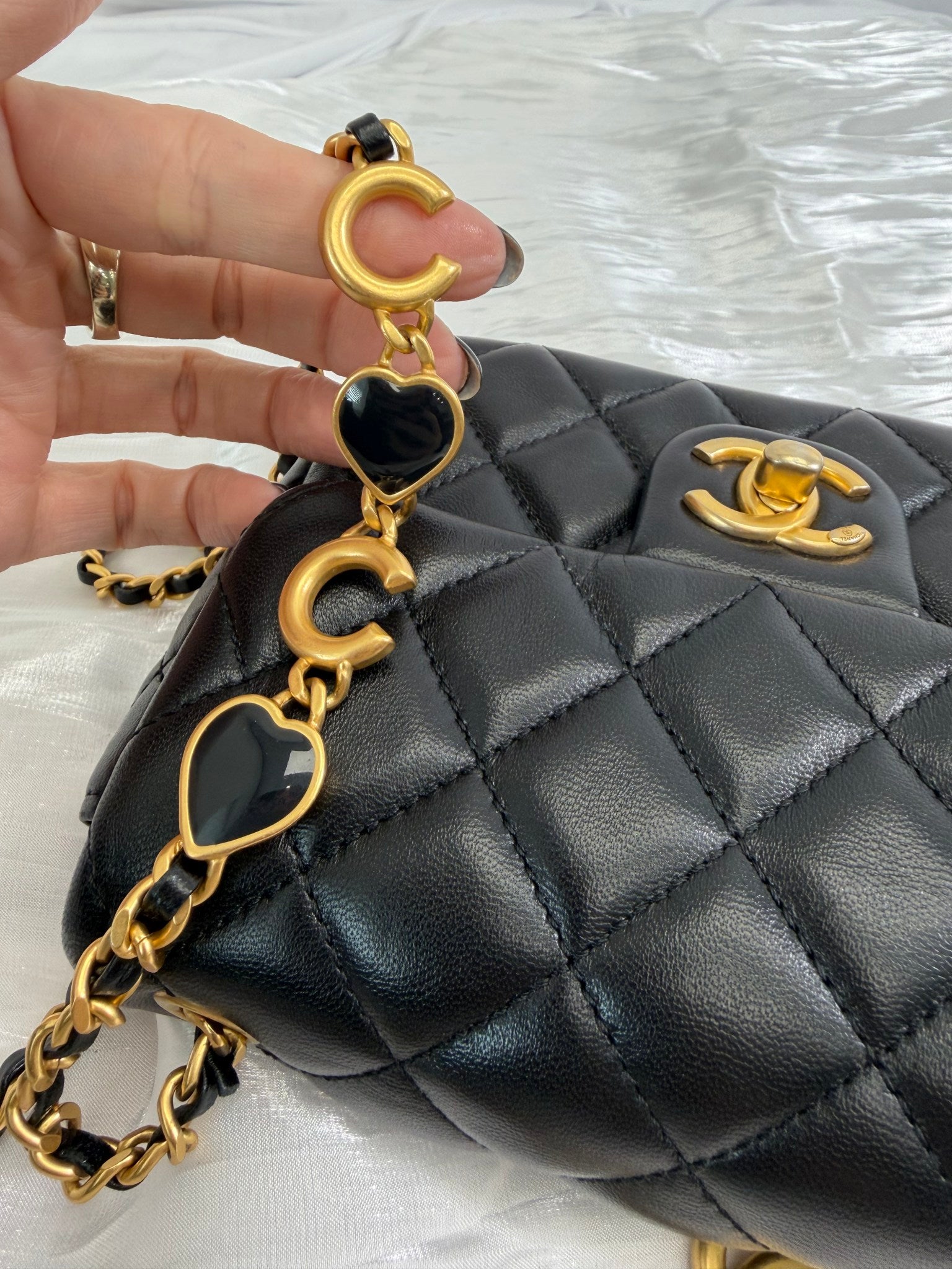 Chanel Black Lambskin Coco Hearts Square Mini Flap Crossbody