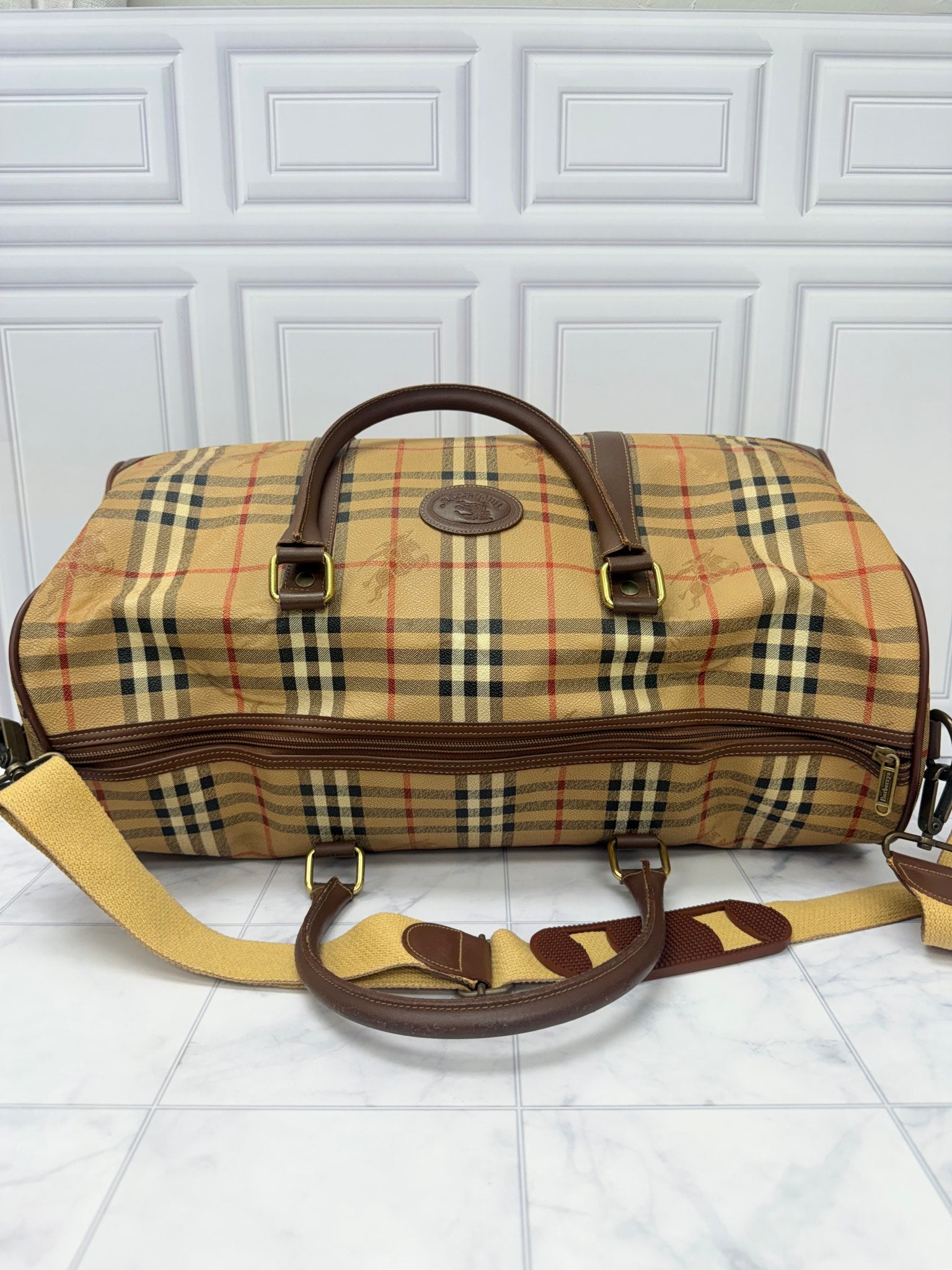 Burberry Beige Haymarket Check Pattern Boston Travel Bag 