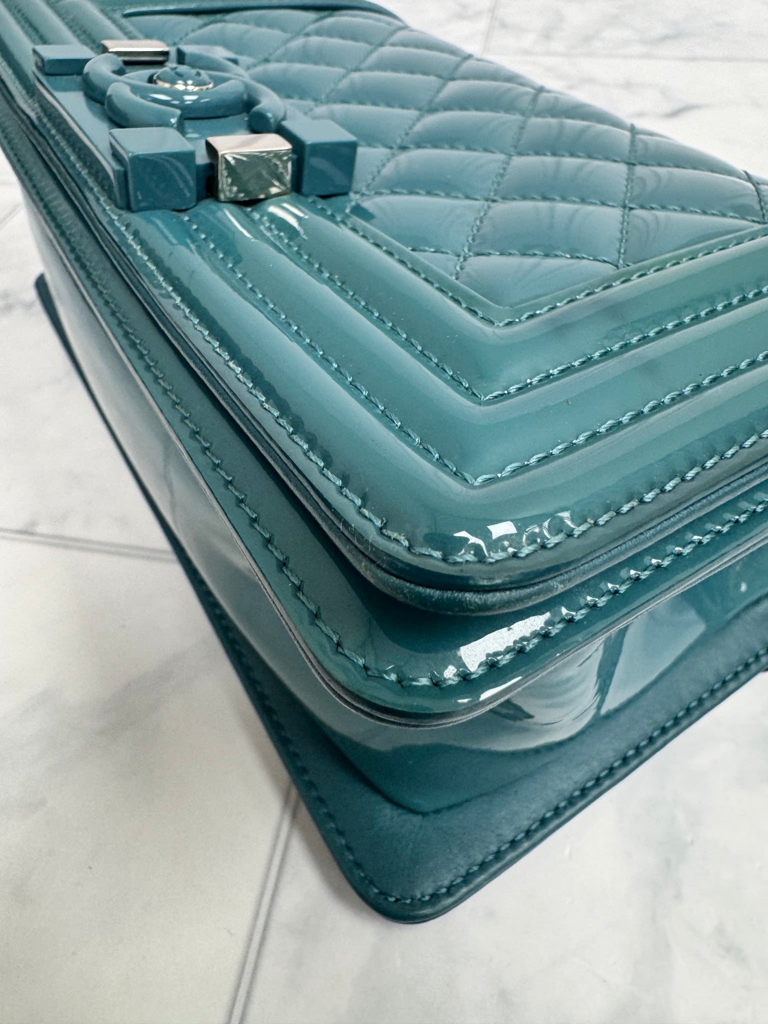 Chanel Teal Diamond Quilted Patent Leather Boy Flap Shoulder Bag