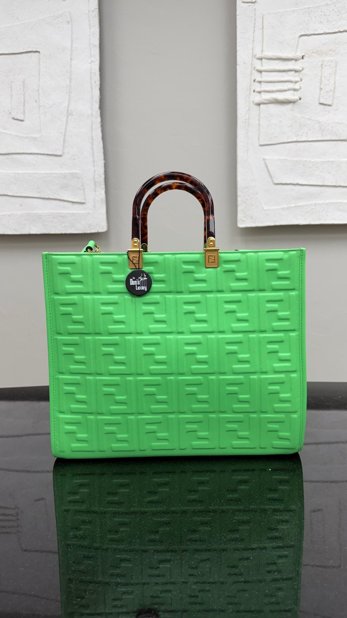 Fendi Green Embossed Leather Medium Sunshine Shopper Tote 