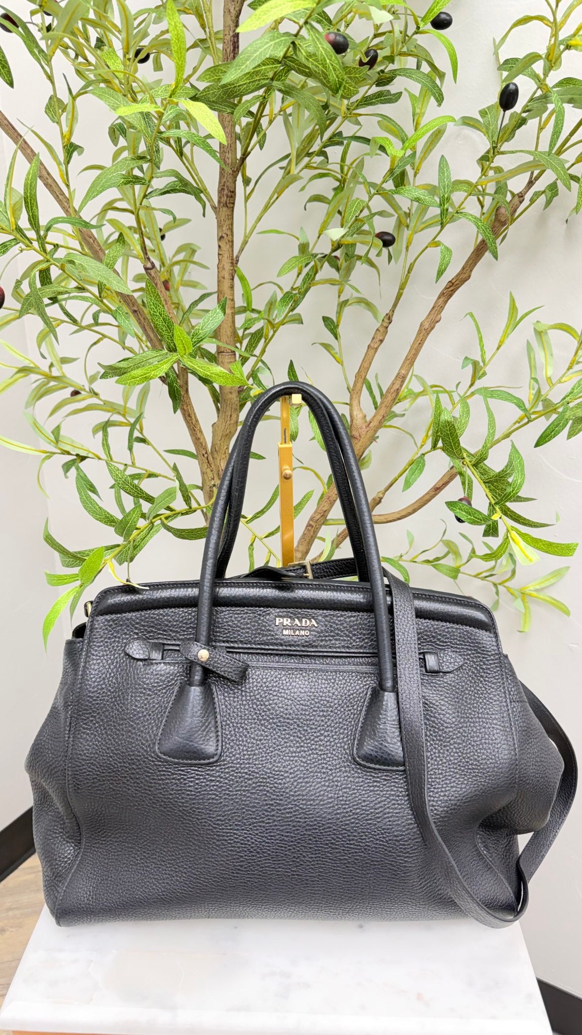 Prada Black Pebbled Leather Vittello Daino  2Way Tote Bag 