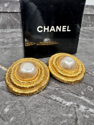 Chanel Gold Plated Vintage Round Pearl Clip-On Earrings
