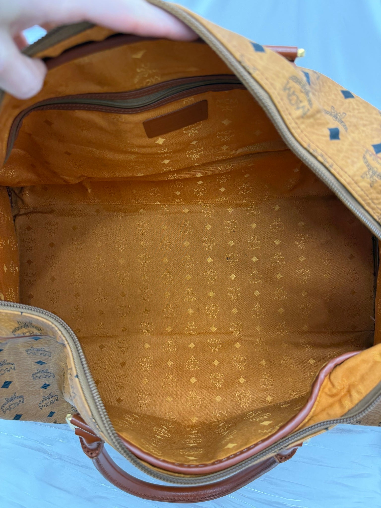 MCM Cognac Visetos Coated Canvas Duffle Bag