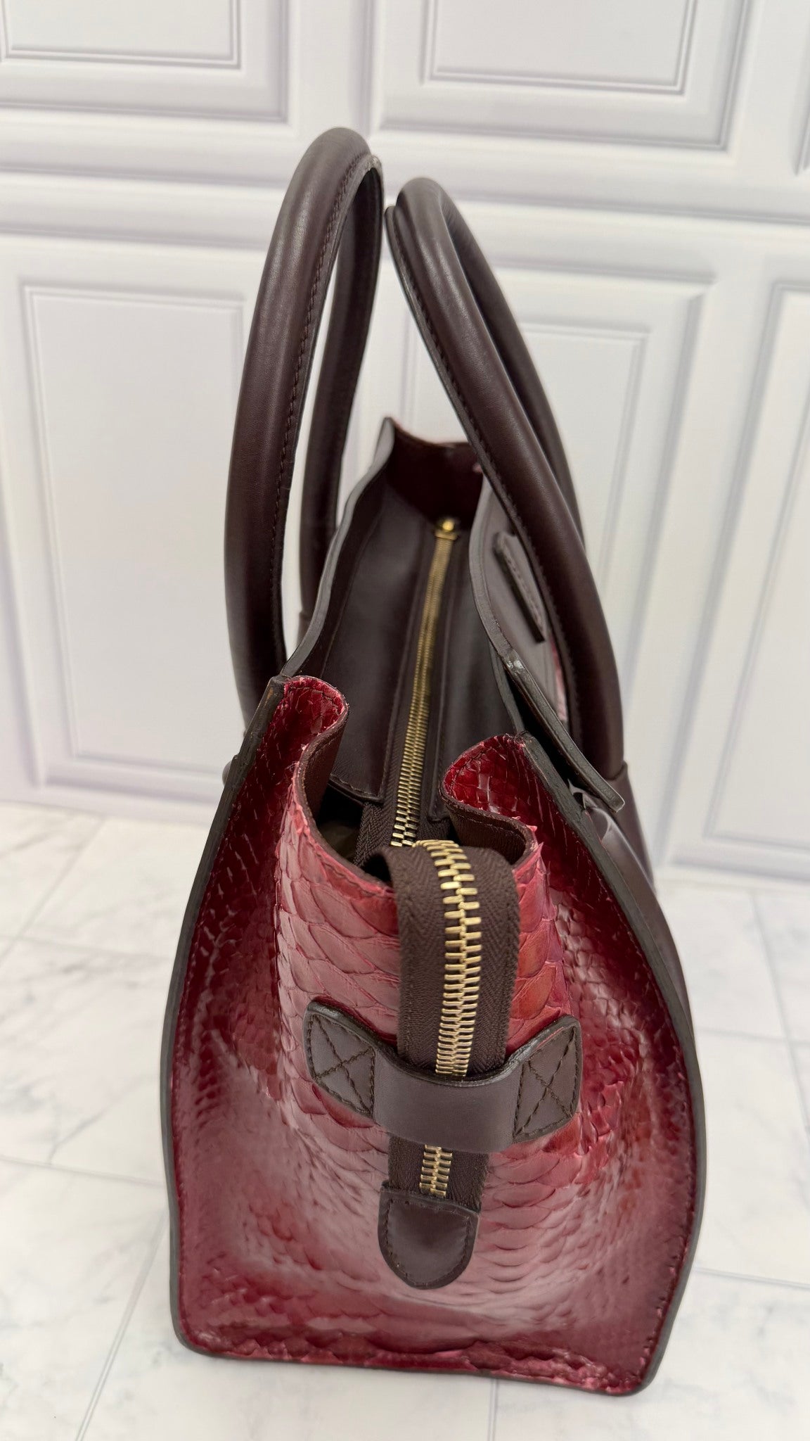 Celine Burgundy Python & Leather Mini Luggage Bag