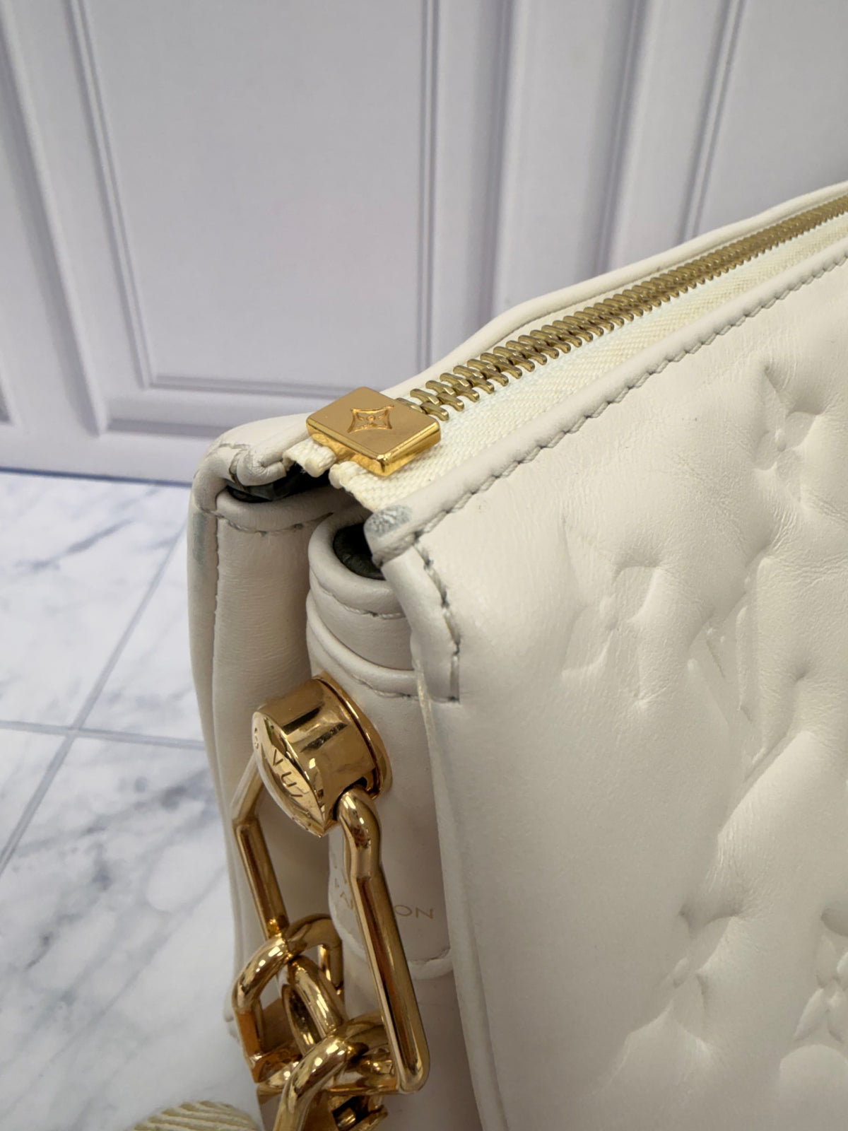 Louis Vuitton White Monogram Embossed Lambskin Coussin PM Handbag