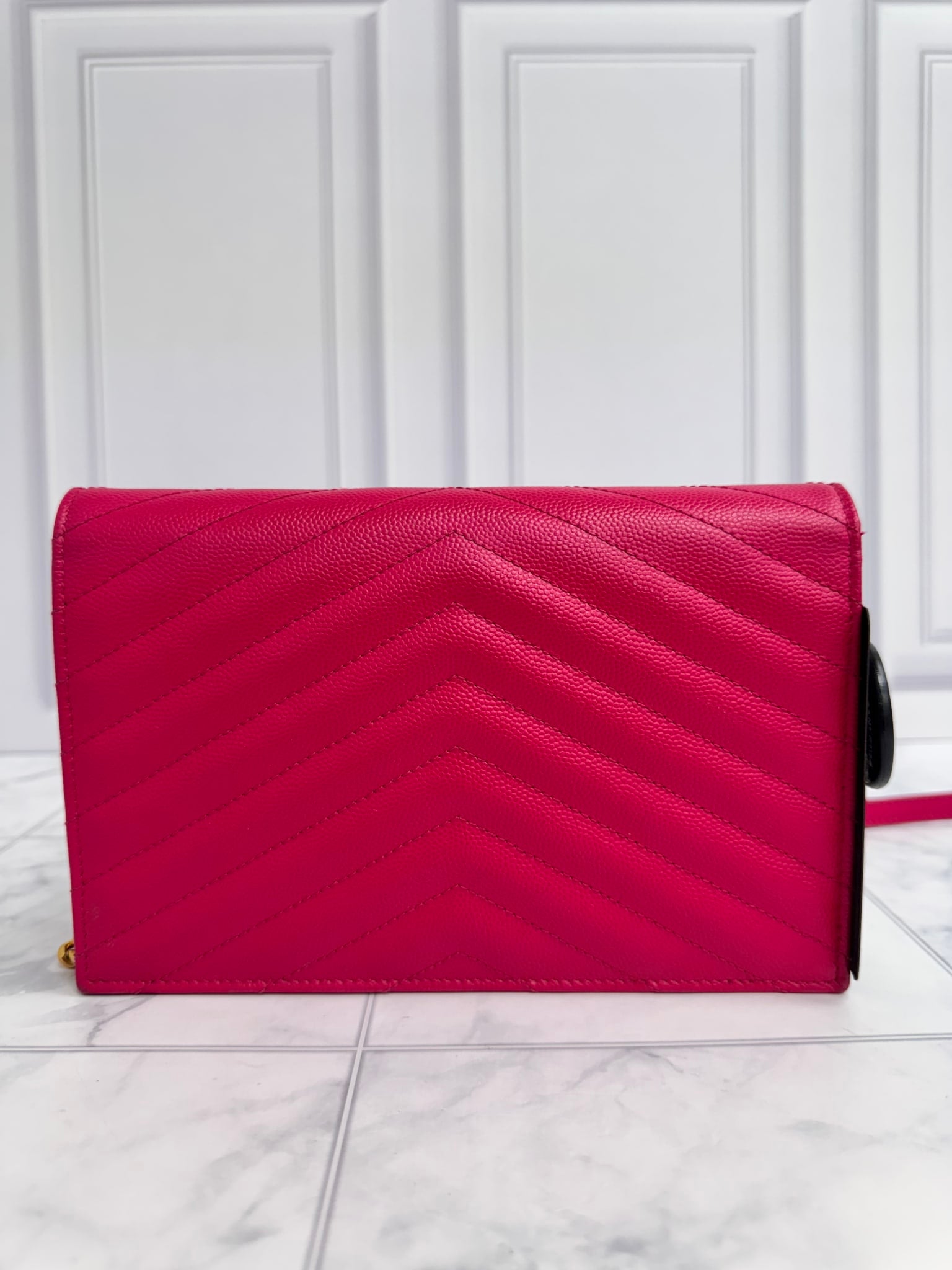 Saint Laurent YSL Pink Chevron Quilted Pebbled Leather Small Envelope Wallet On A Chain