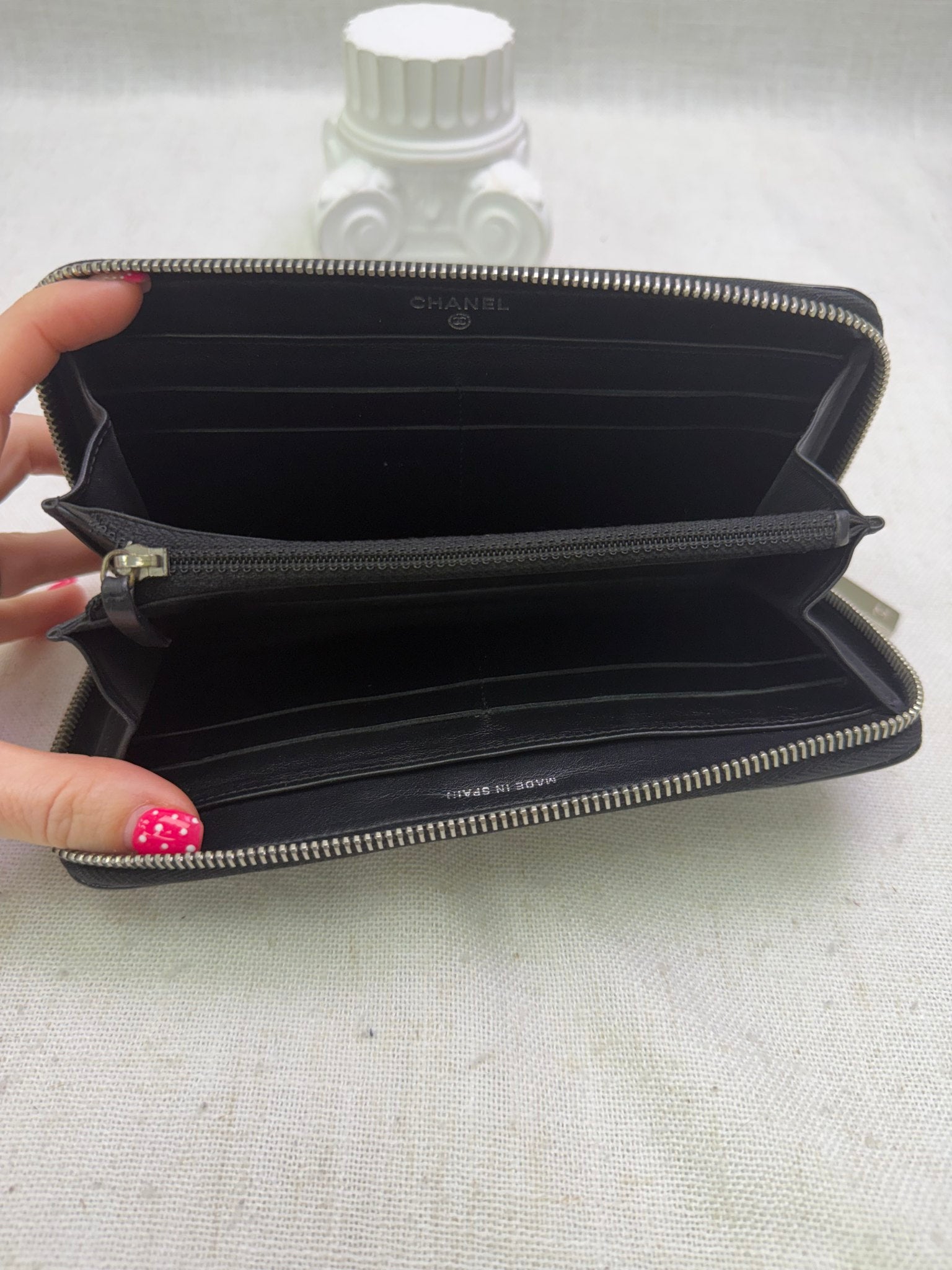 Chanel Black Quilted Patent Leather Zippy Wallet