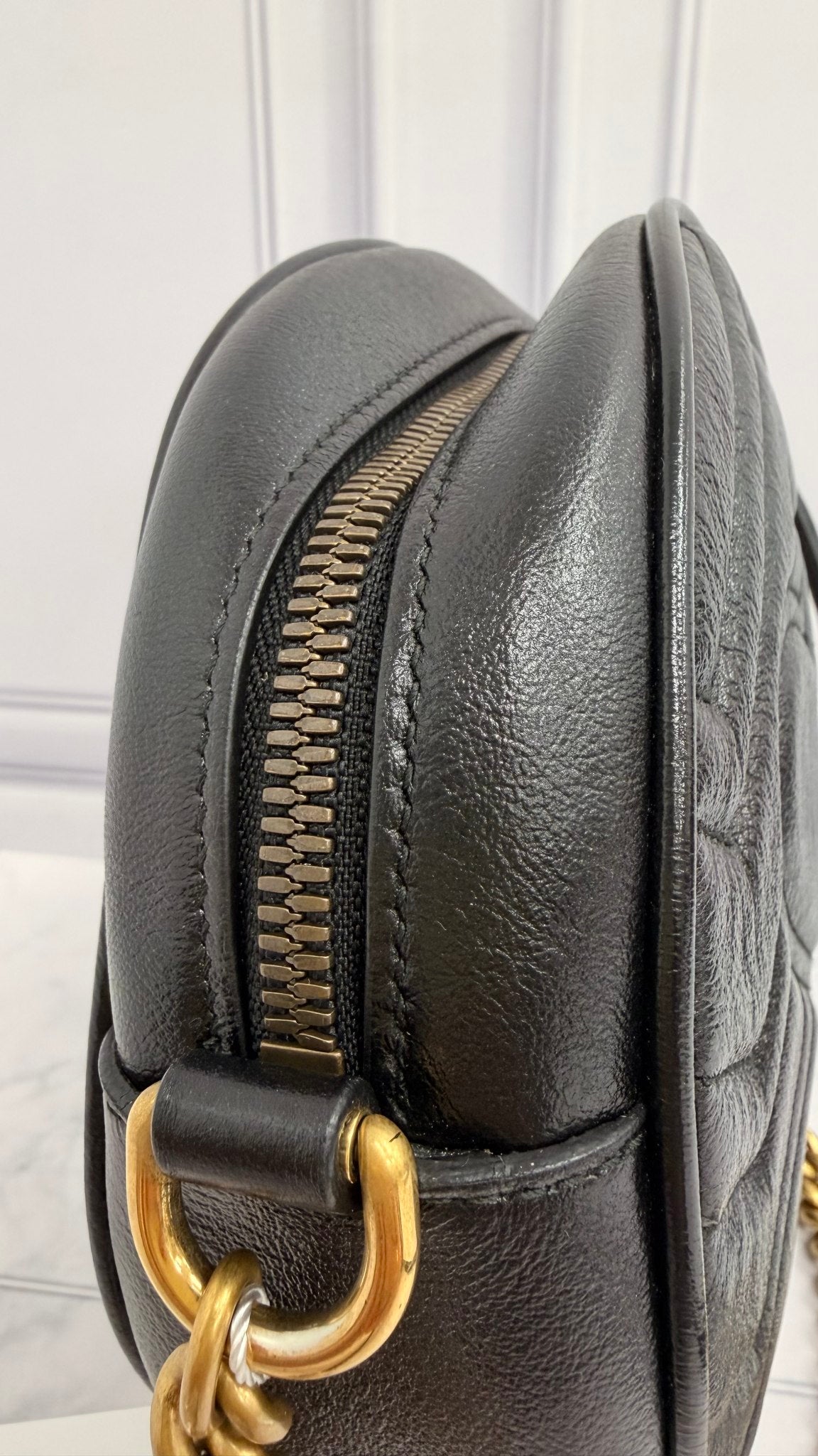 Gucci Black Chevron Matelasse Leather GG Marmont Mini Round Shoulder Bag