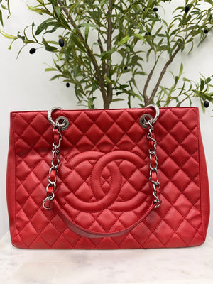 Chanel Red Chevron Quilted Caviar Leather GST Shopping Tote