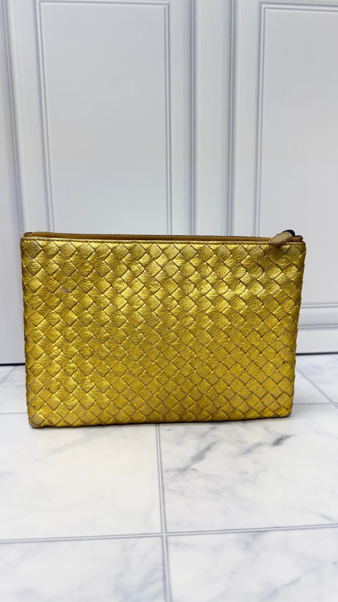 Bottega Veneta Gold Intrecciato Leather Clutch