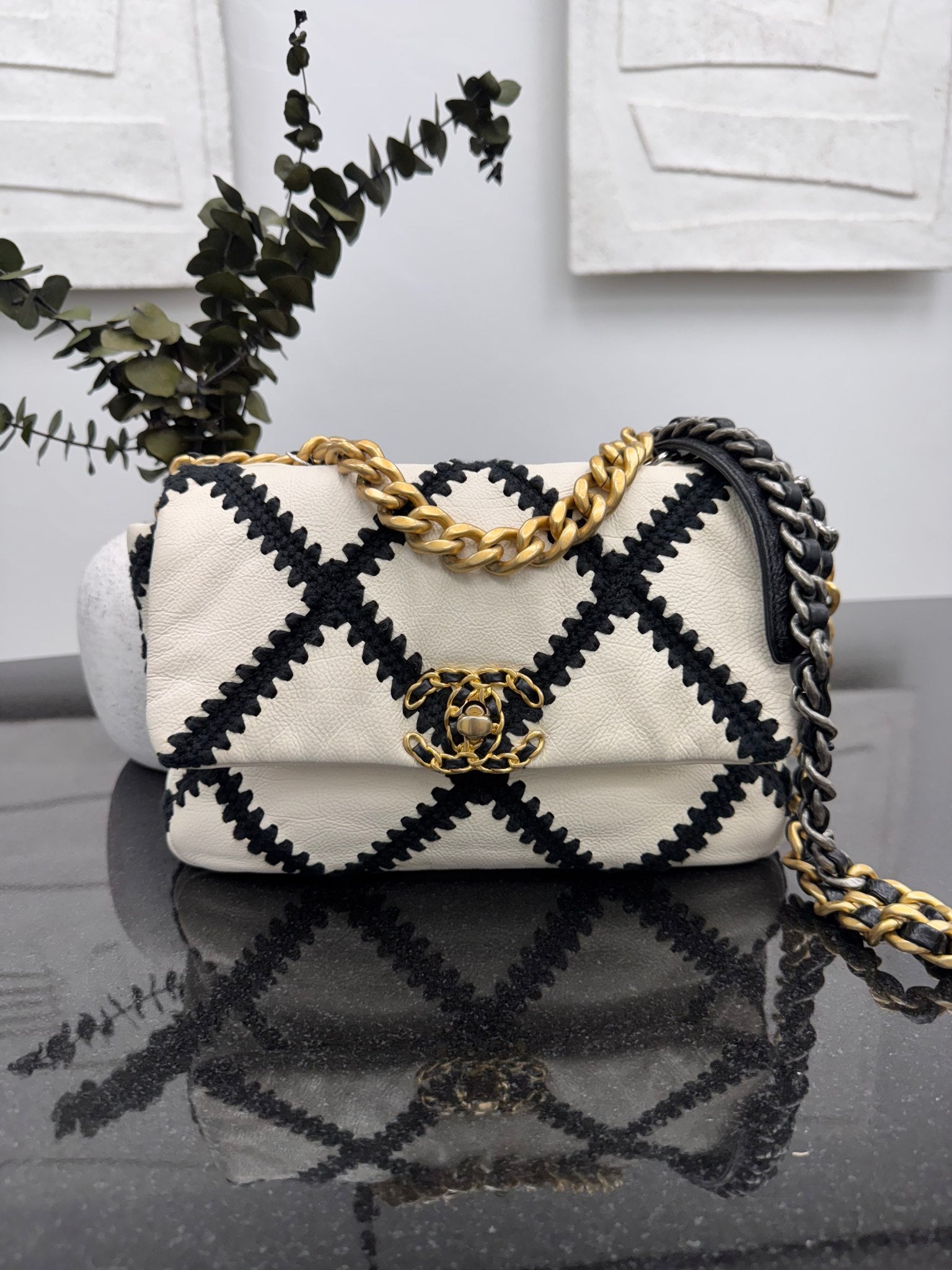  Chanel 19 White And Black Crochet Calfskin Medium Flap Bag 