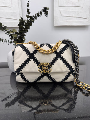 Chanel 19 White And Black Crochet Calfskin Medium Flap Bag