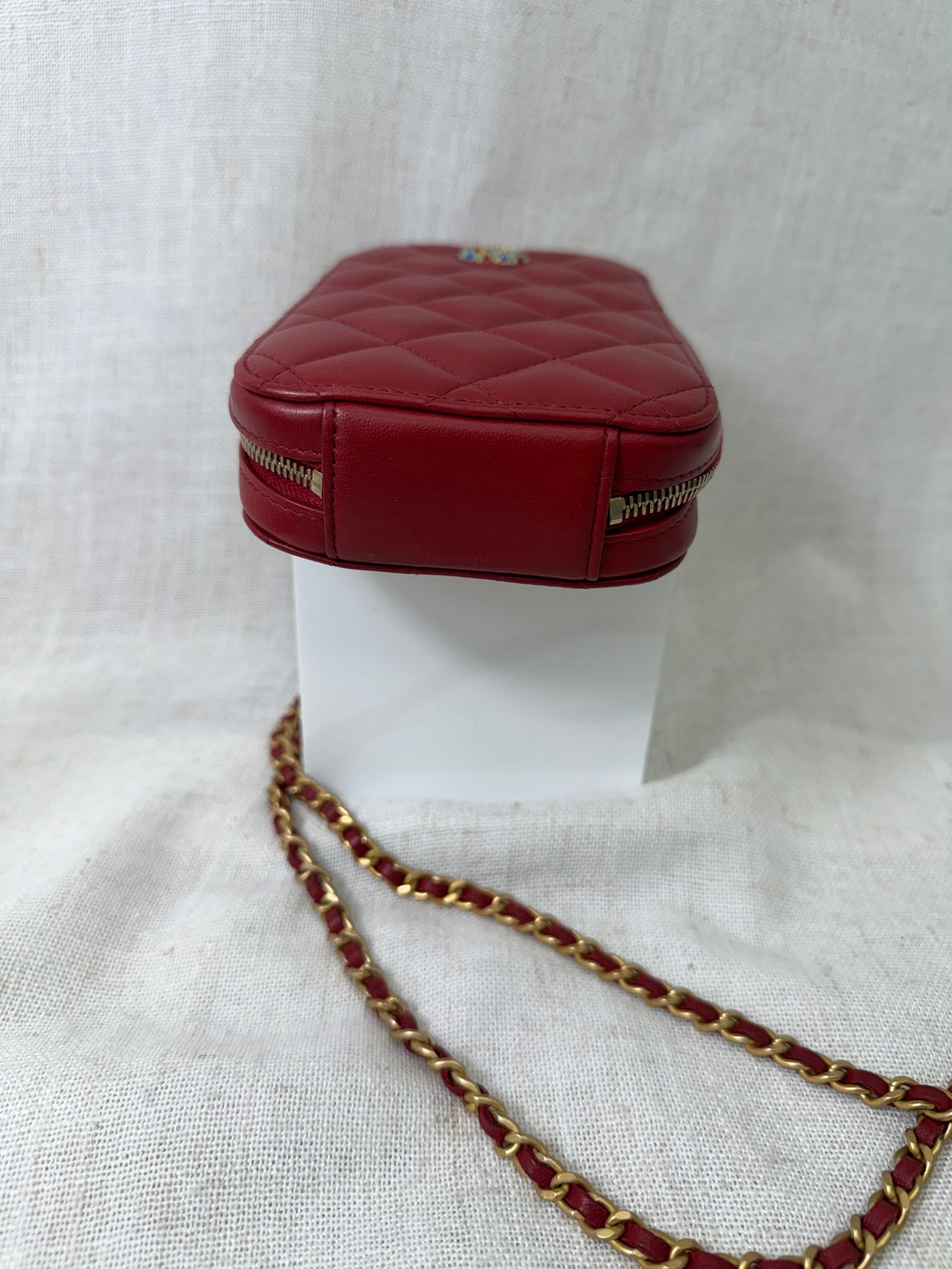 Chanel Red Quilted Lambskin Leather Chain Phone Holder  