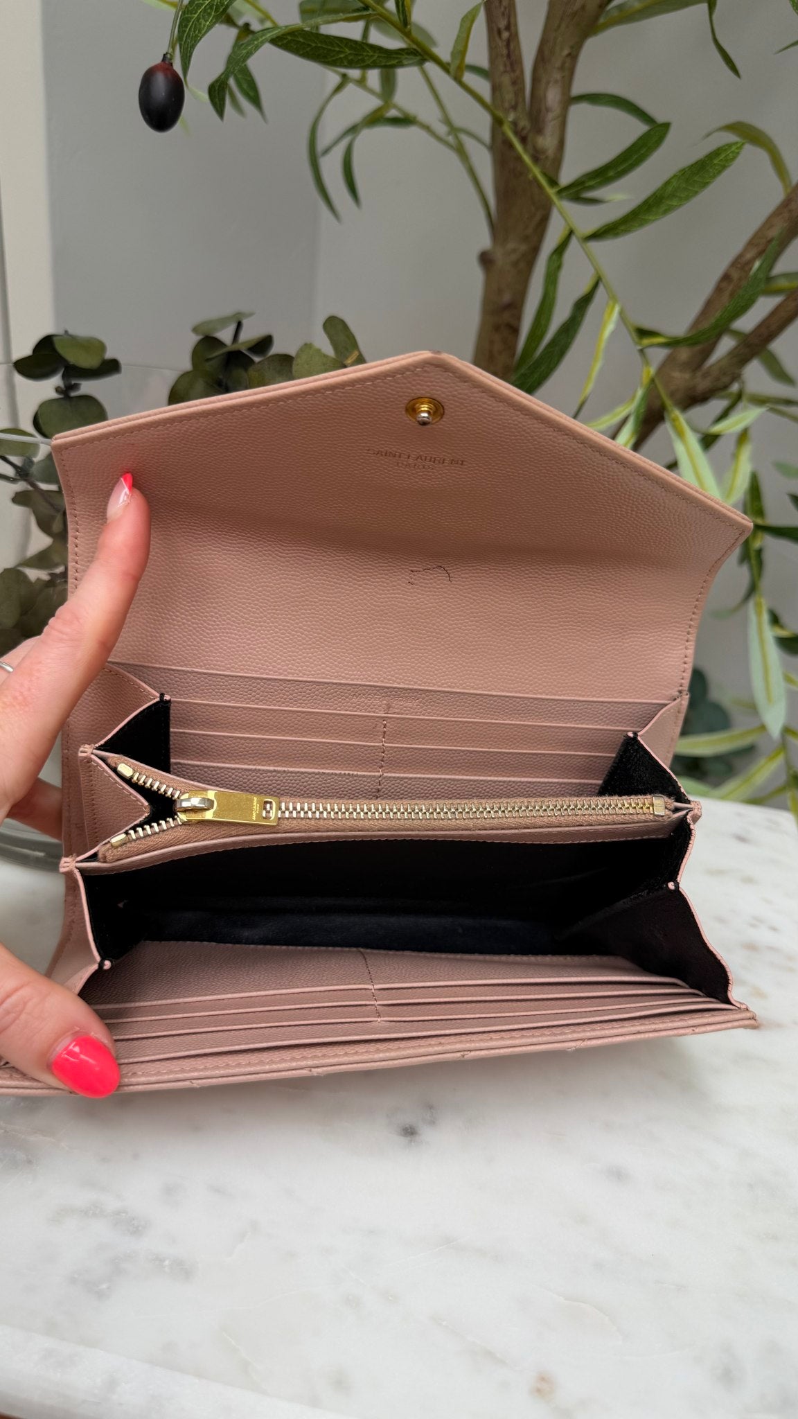 Saint Laurent YSL Dusty Pink Pebbled Leather Cassandre Long Wallet